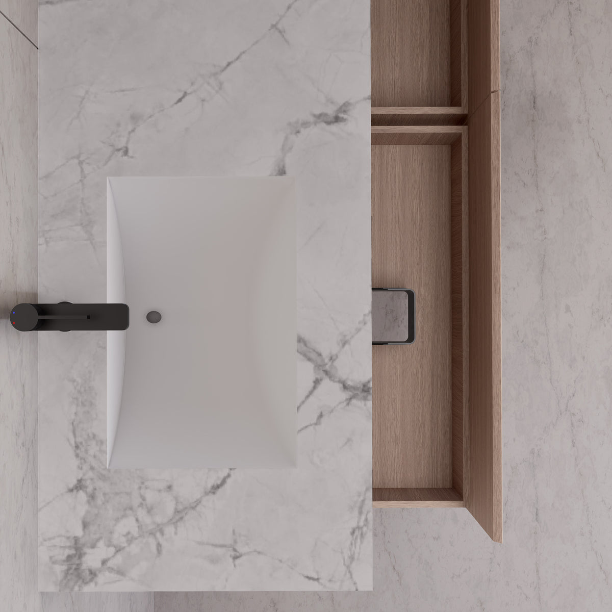 Meuble-lavabo suspendu double de 60 po / 71 po en chêne fumé avec dessus en pierre