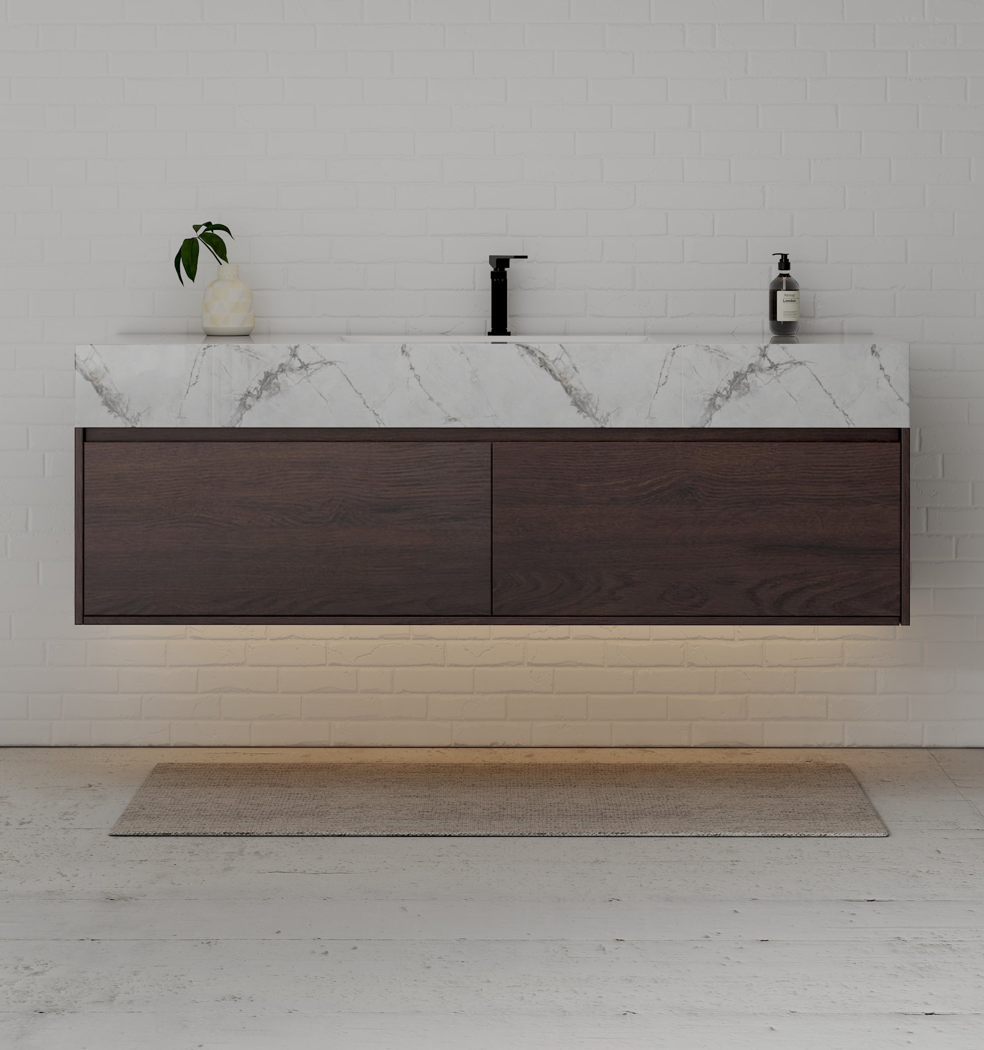 48", 60" Walnut Sintered Stone Top with Double Drawer Floating Bathroom Vanity