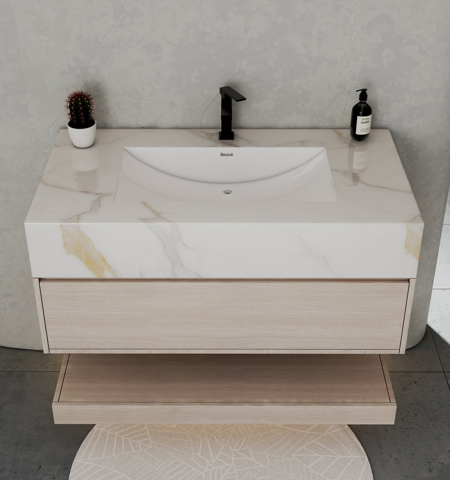 32", 36", 40" White Grey Oak Hotel-Style Floating Bathroom Vanity With Sintered Stone Top with