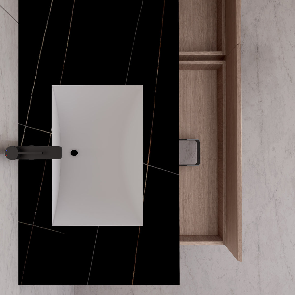 Meuble-lavabo suspendu double de 60 po / 71 po en chêne fumé avec dessus en pierre