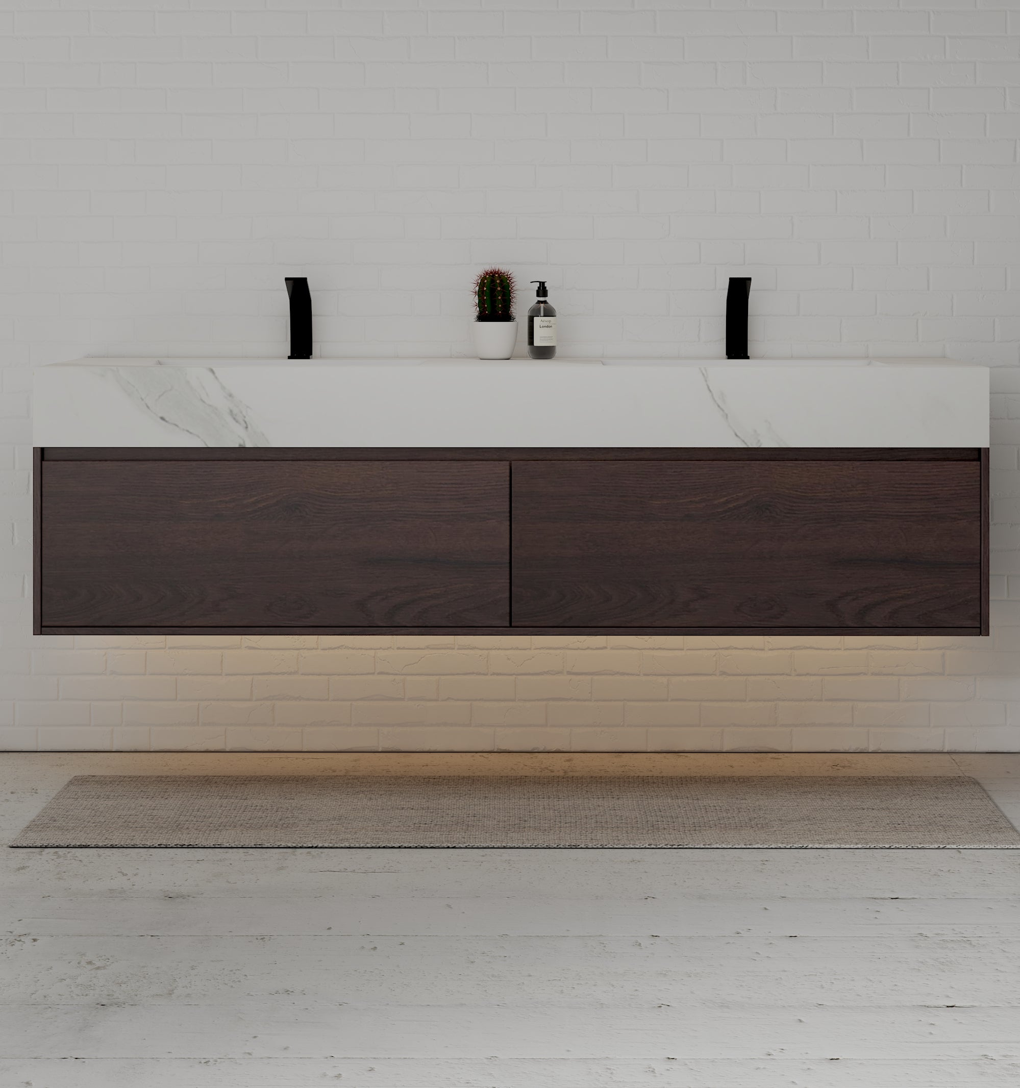48", 60" Walnut Sintered Stone Top with Double Drawer Floating Bathroom Vanity