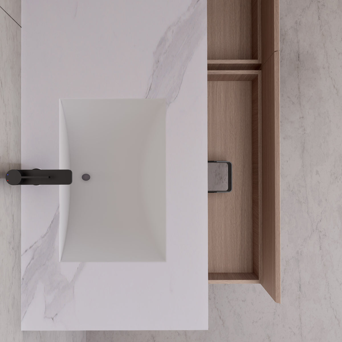 Meuble-lavabo suspendu double de 60 po / 71 po en chêne fumé avec dessus en pierre