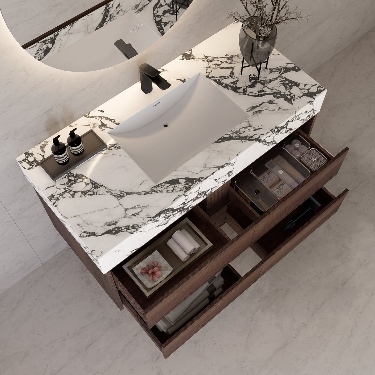 48"，60" Walnut Sintered Stone Top With Four Drawer Floating Bathroom Vanity