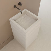 Monolithic Freestanding Pedestal Sink | Ivory Sand Sintered Stone Ramp Basin with Hidden Drain