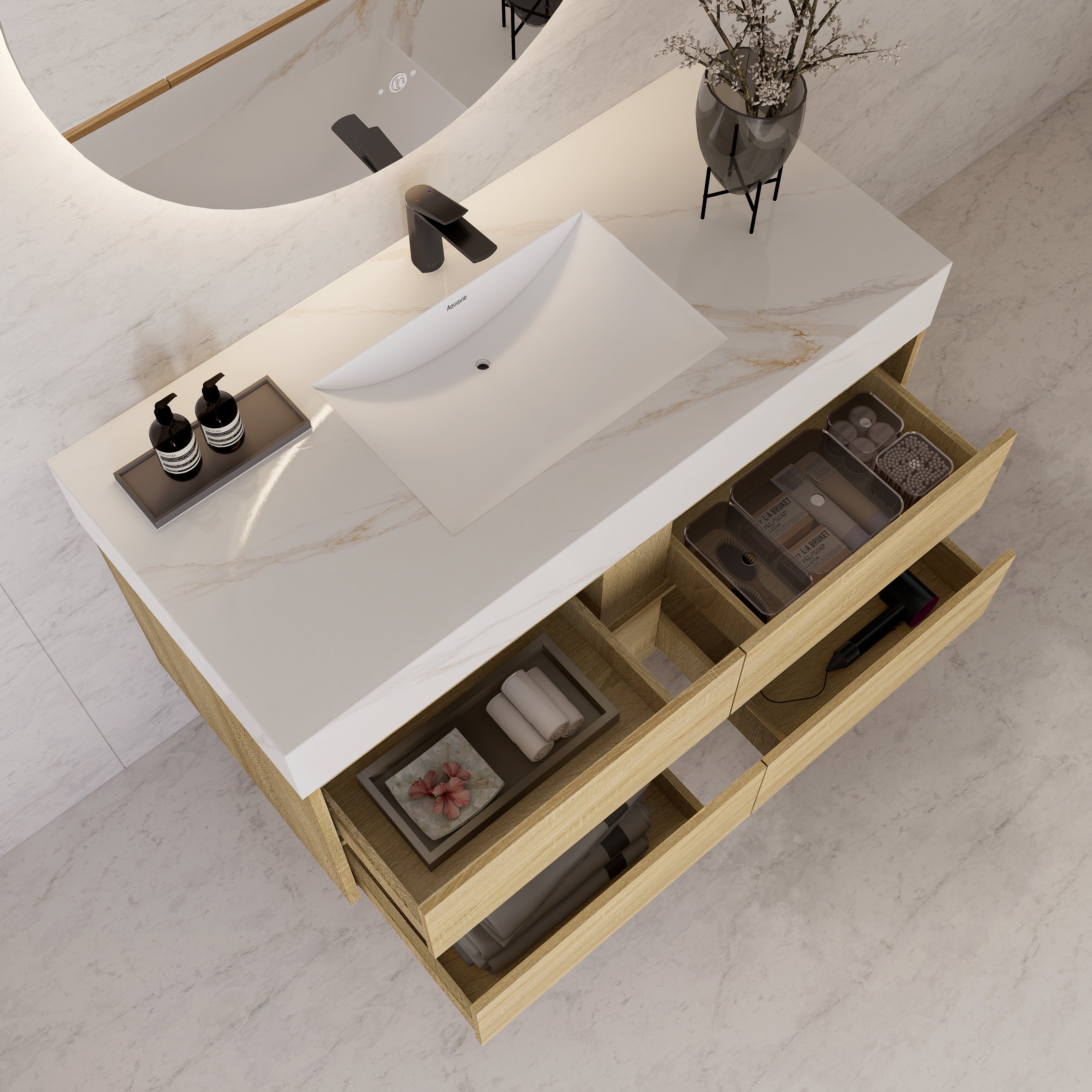 48"，60" Light Oak Sintered Stone Top With Four Drawer Floating Bathroom Vanity