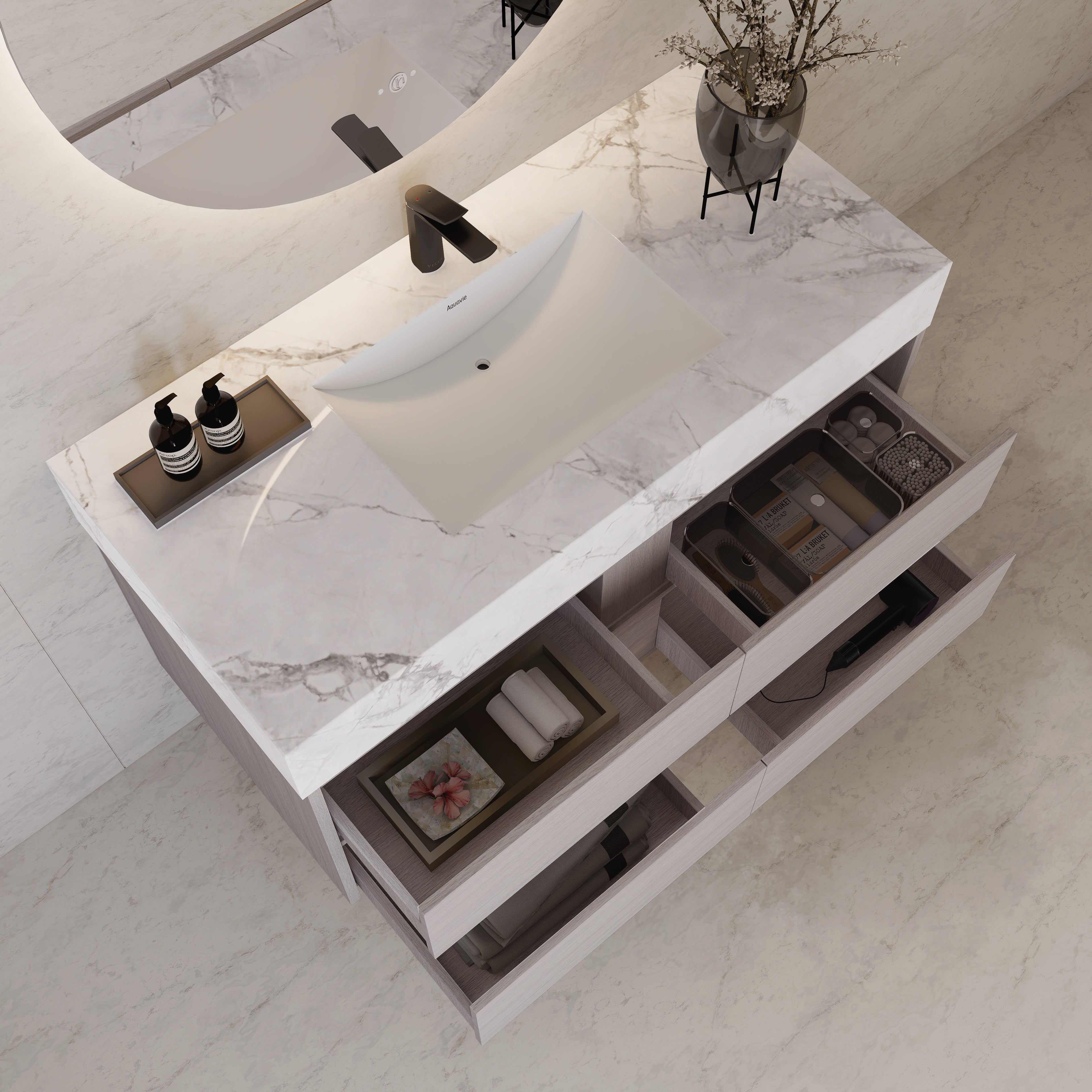 48"，60" White Grey Sintered Stone Top With Four Drawer Floating Bathroom Vanity
