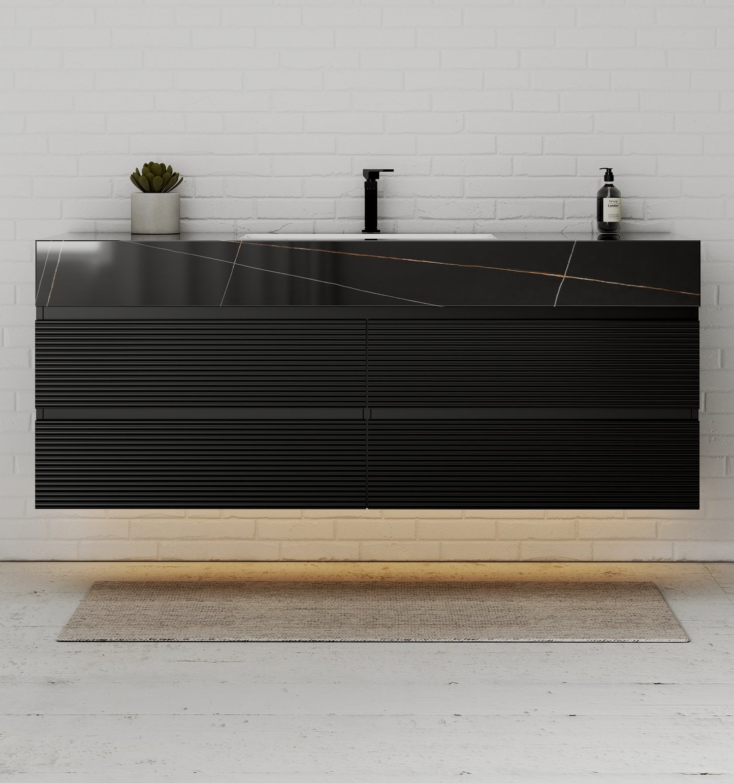 Black 60" Wall-Mounted Single Sink Bathroom Vanity with Fluted Drawers