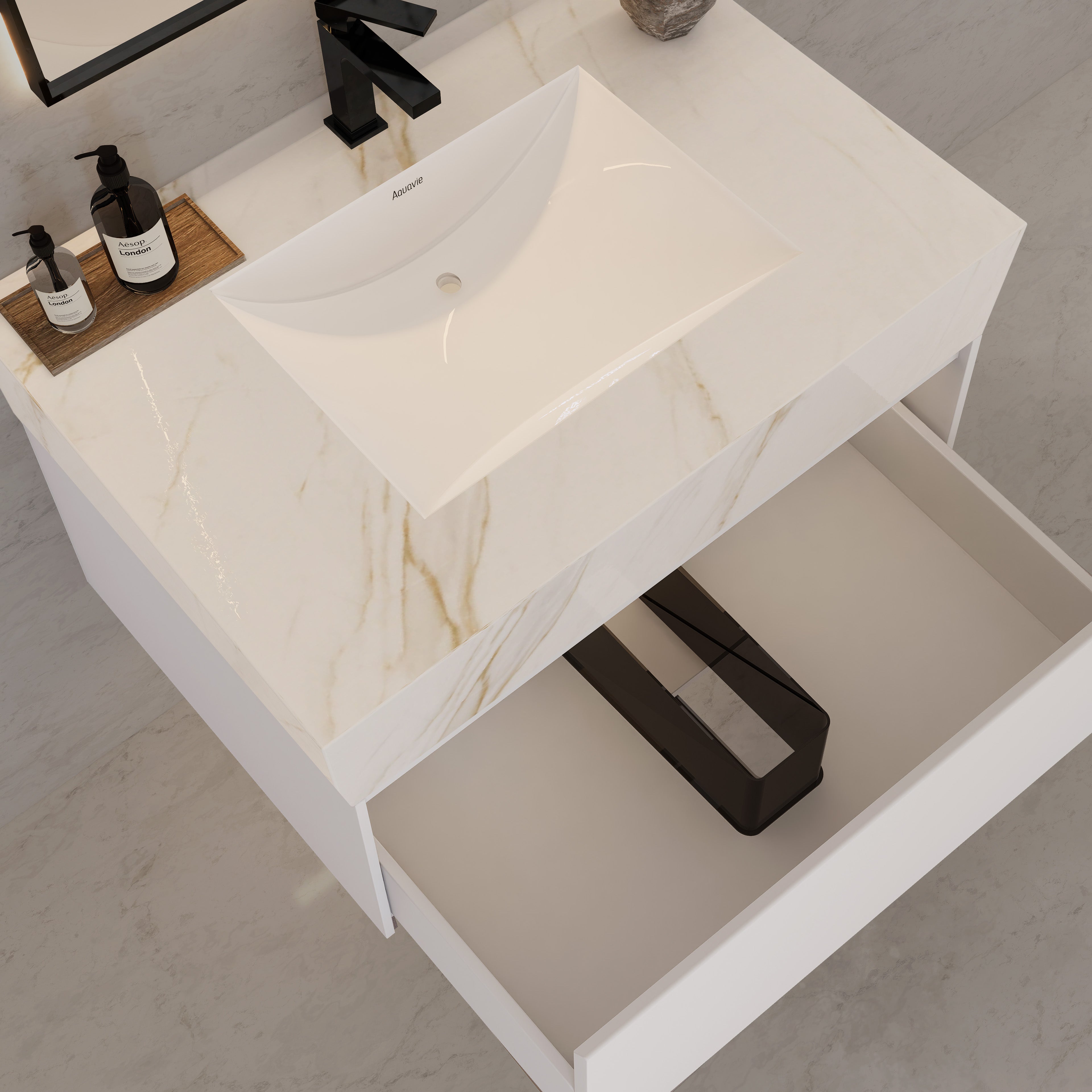 32"/ 36"/40" White Single Sink Floating Bathroom Vanity with Sintered Stone Top