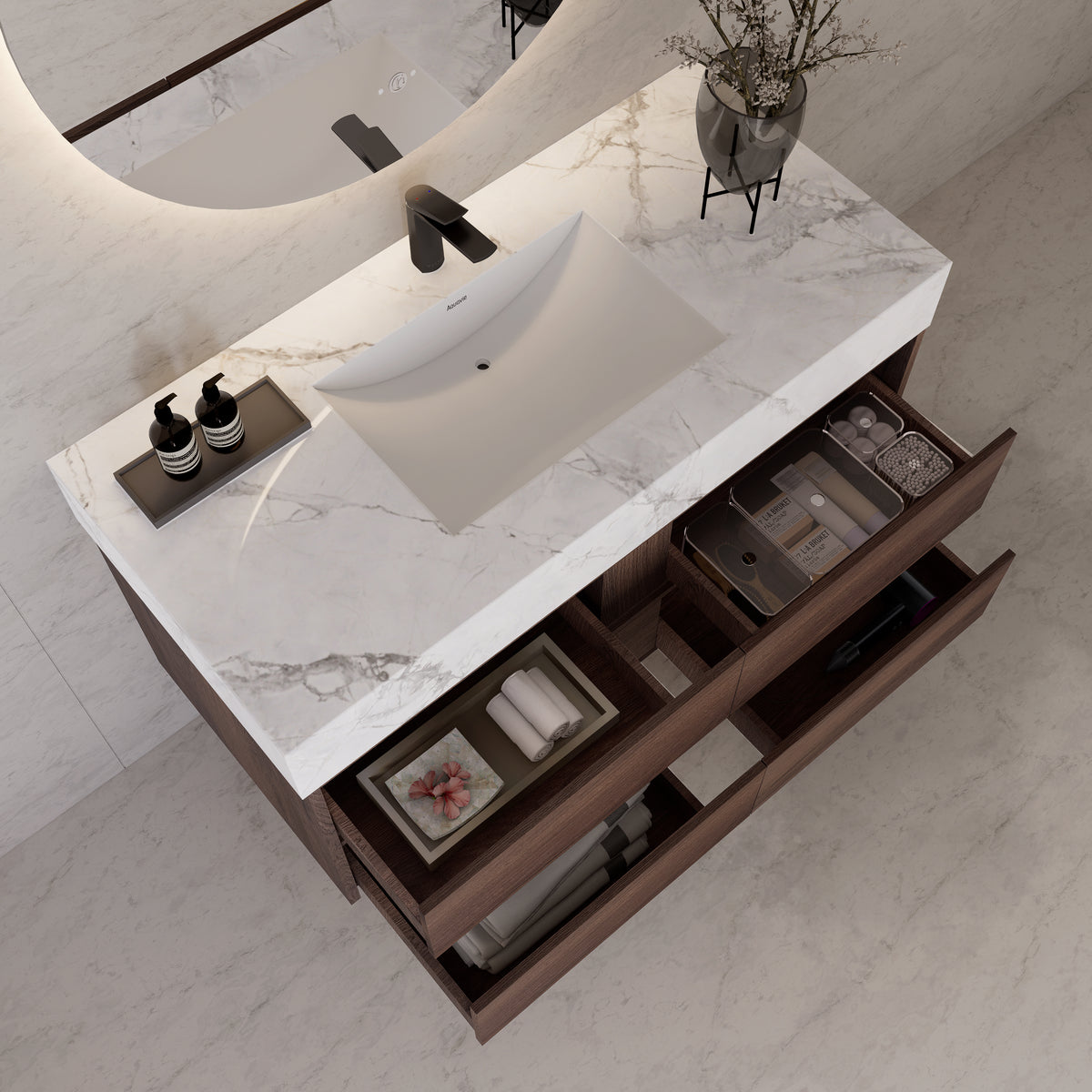 48"，60" Walnut Sintered Stone Top With Four Drawer Floating Bathroom Vanity
