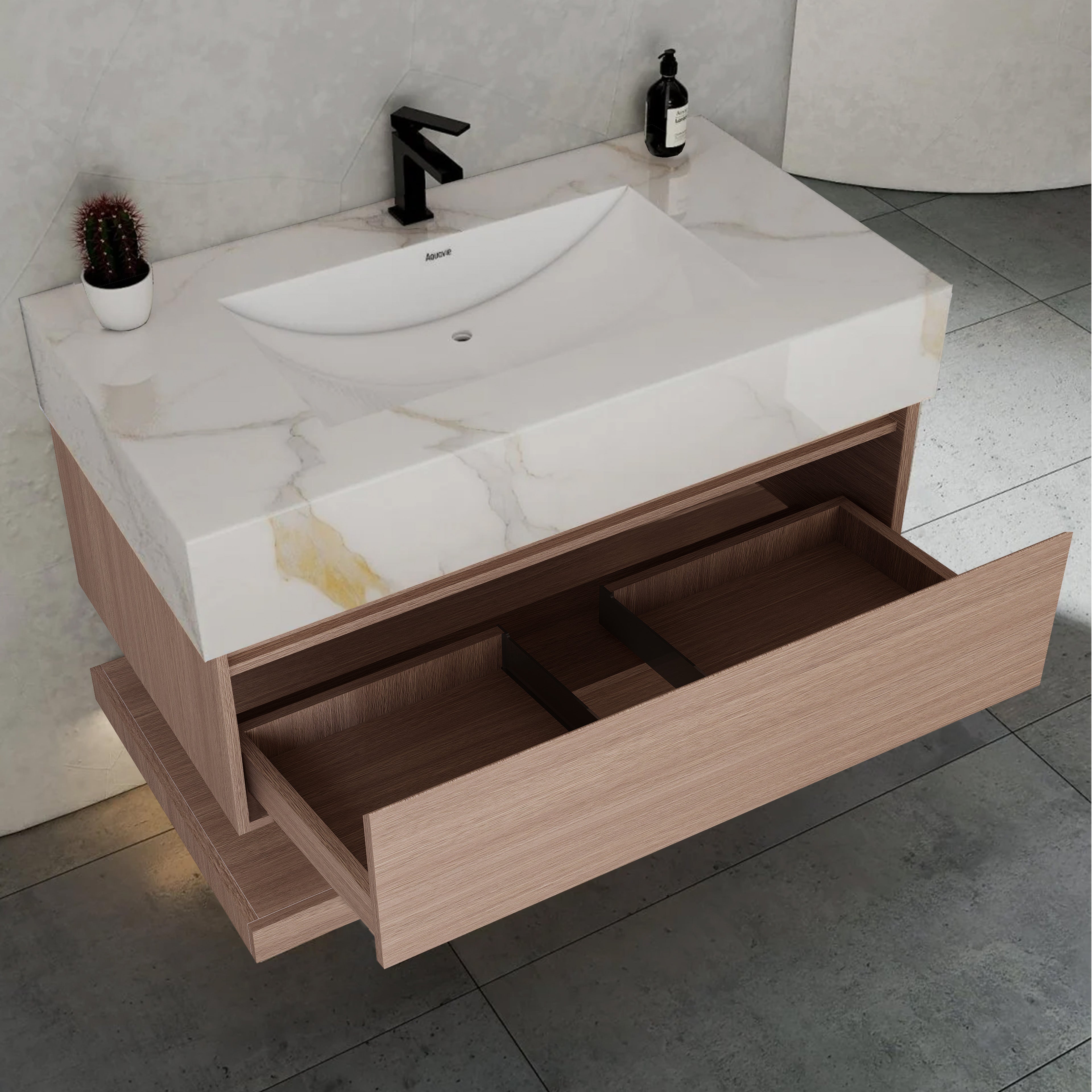 32", 36", 40" Smoked Oak Hotel-Style Floating Bathroom Vanity With Sintered Stone Top