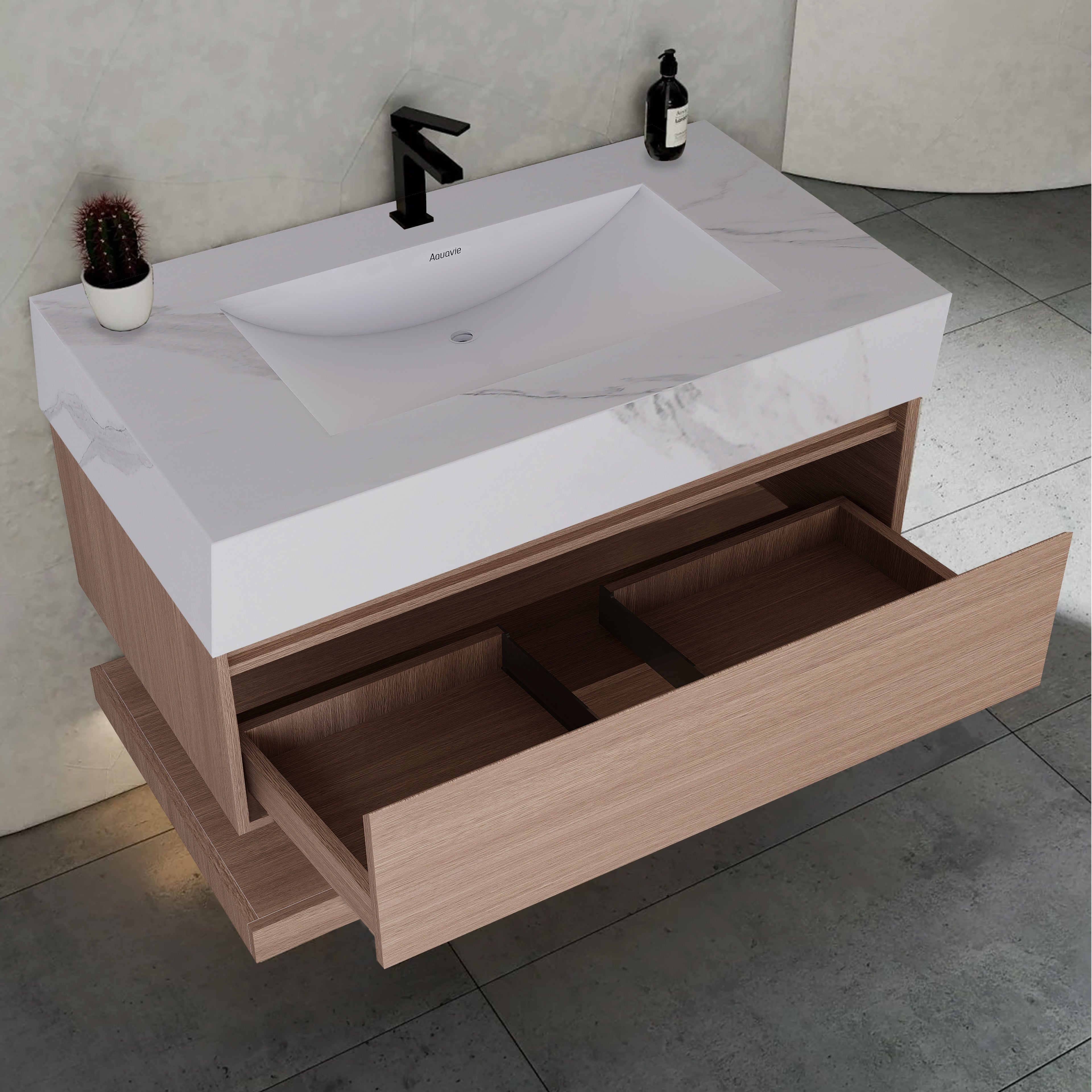32", 36", 40" Smoked Oak Hotel-Style Floating Bathroom Vanity With Sintered Stone Top