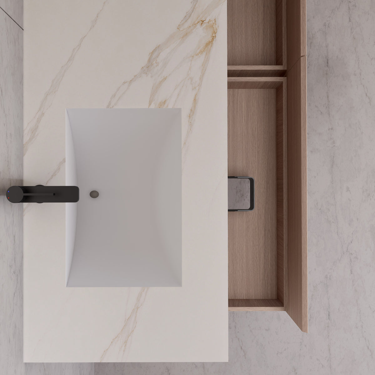 Meuble-lavabo suspendu double de 60 po / 71 po en chêne fumé avec dessus en pierre