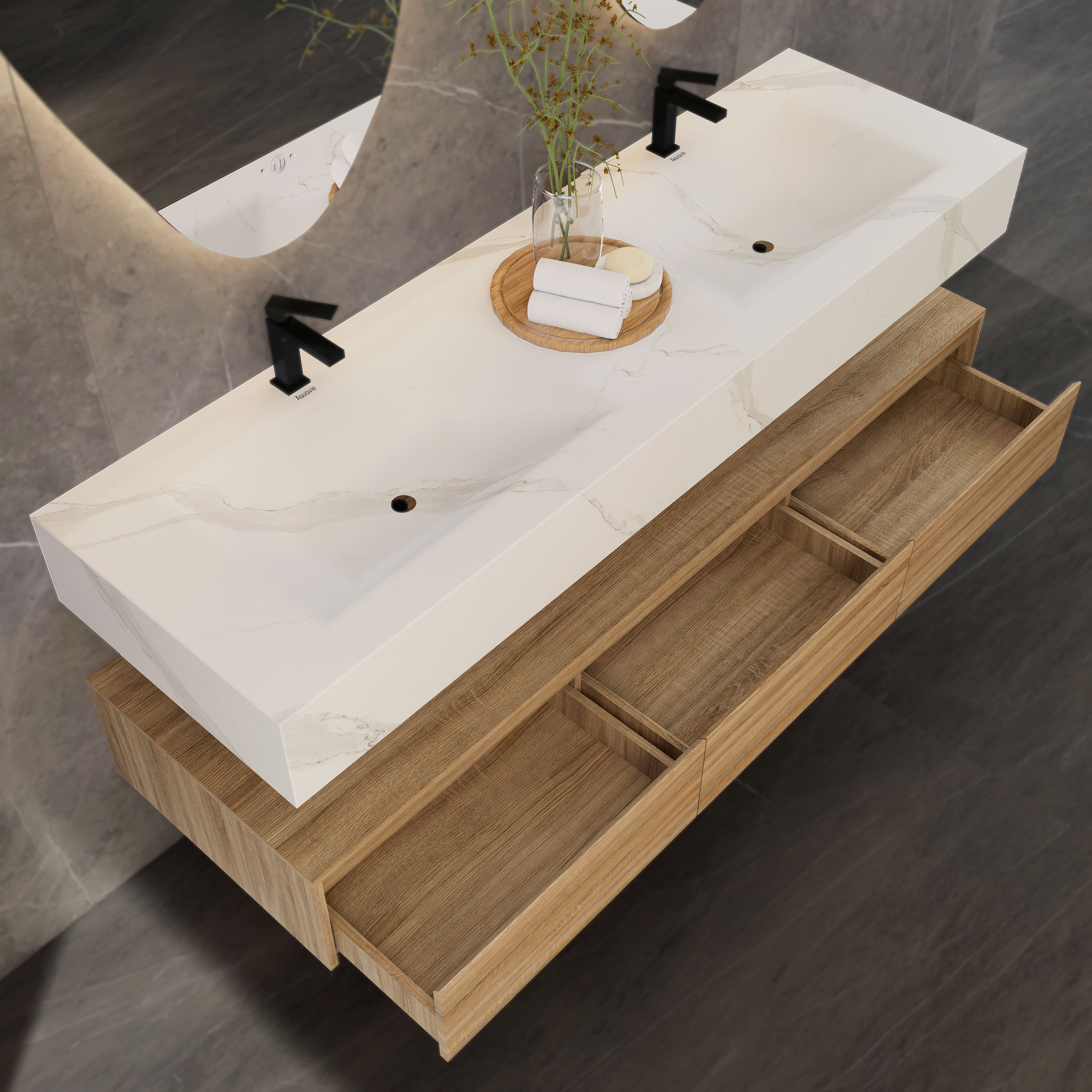 71" Wall Mount Bathroom Vanity - Stone Integrated Basin & Plywood Cabinet