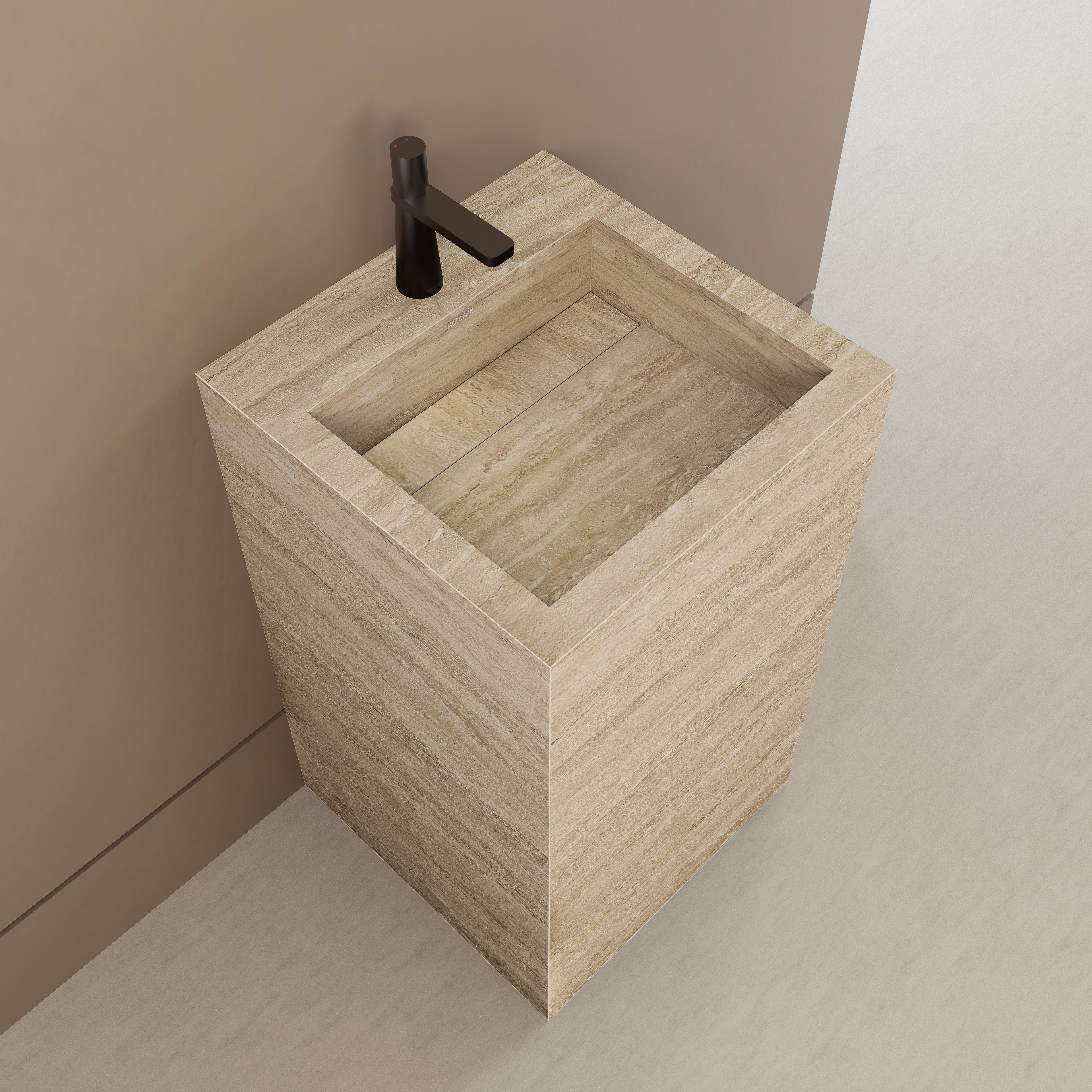 Monolithic Freestanding Pedestal Sink | Natural Travertine Sintered Stone Ramp Basin