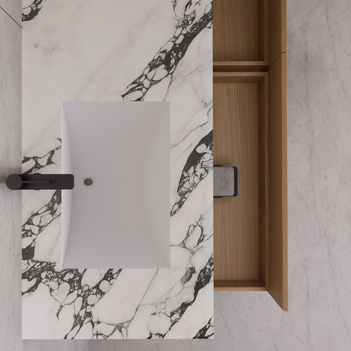 Meuble-lavabo flottant simple de 60 po / 71 po avec dessus en pierre et vasque double