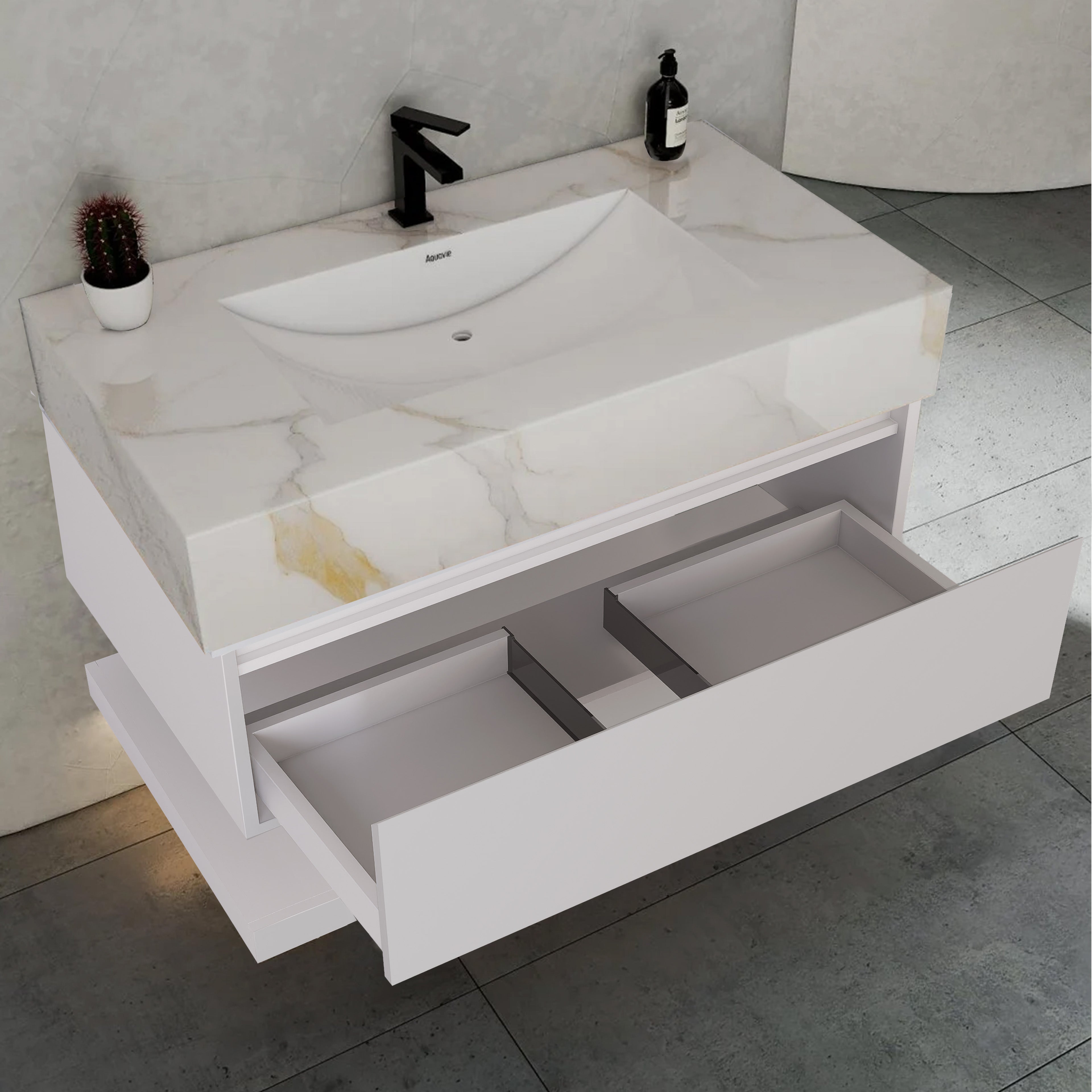 32" White Sintered Stone Top with Hotel-Style Floating Bathroom Vanity