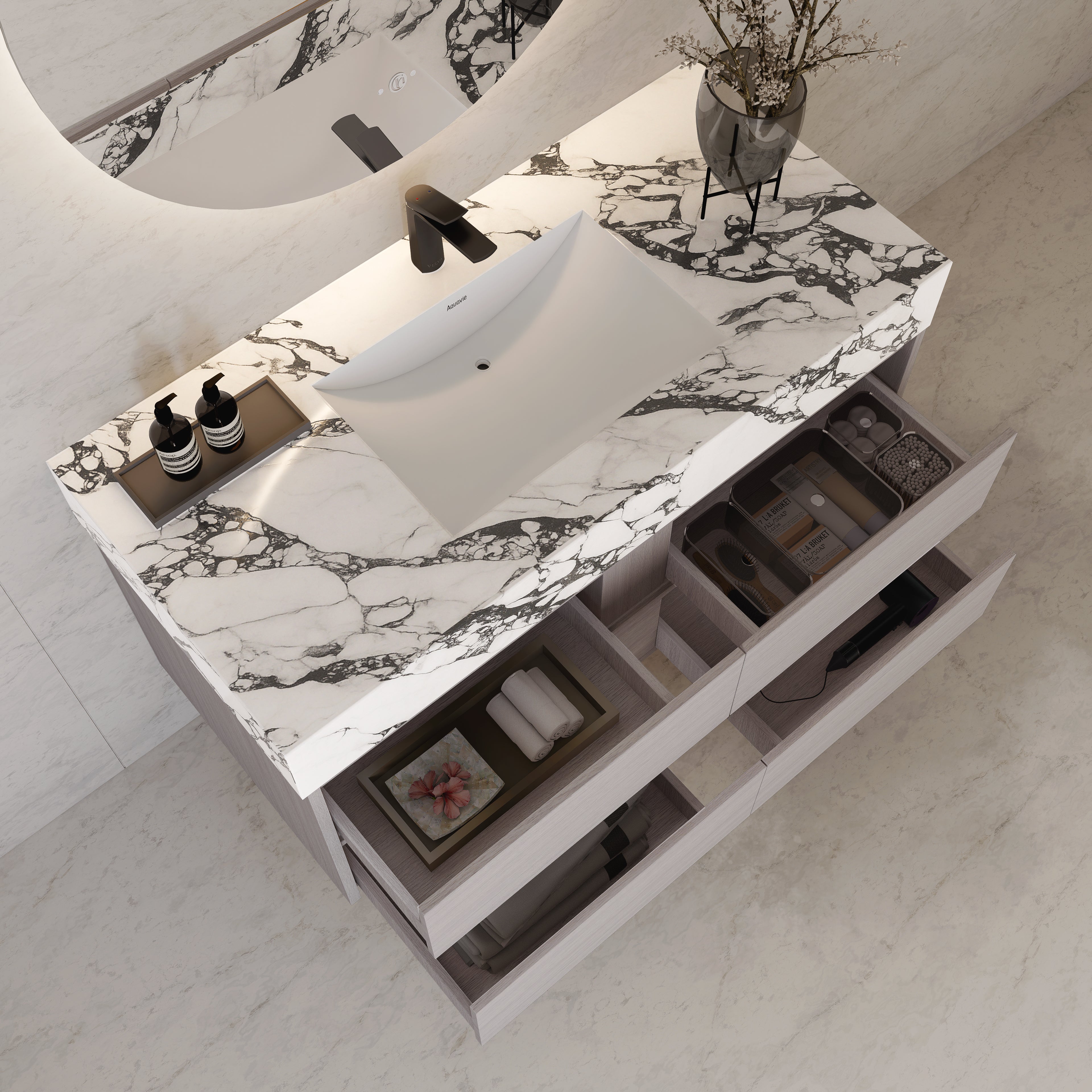 48"，60" White Grey Sintered Stone Top With Four Drawer Floating Bathroom Vanity