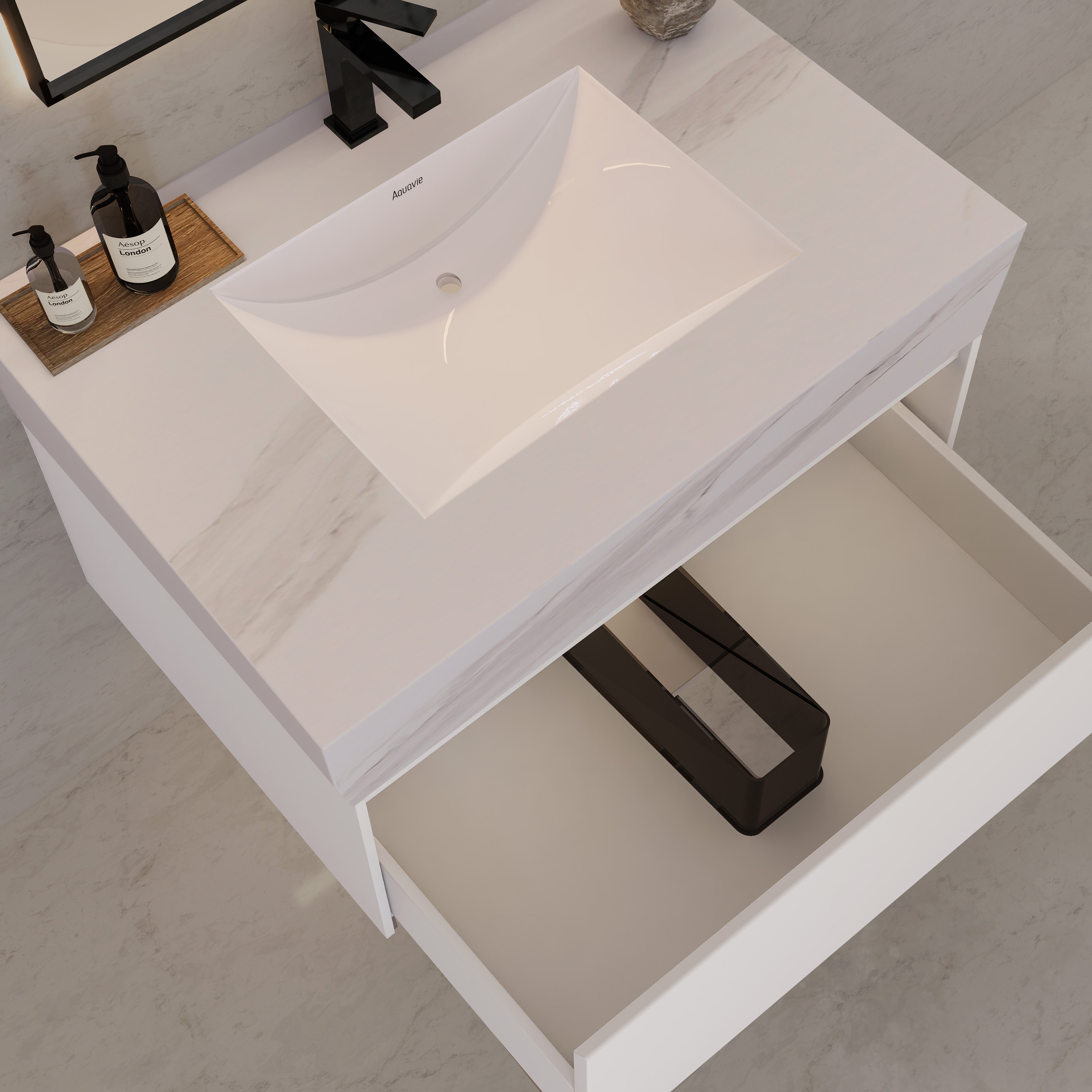 32"/ 36"/40" White Single Sink Floating Bathroom Vanity with Sintered Stone Top