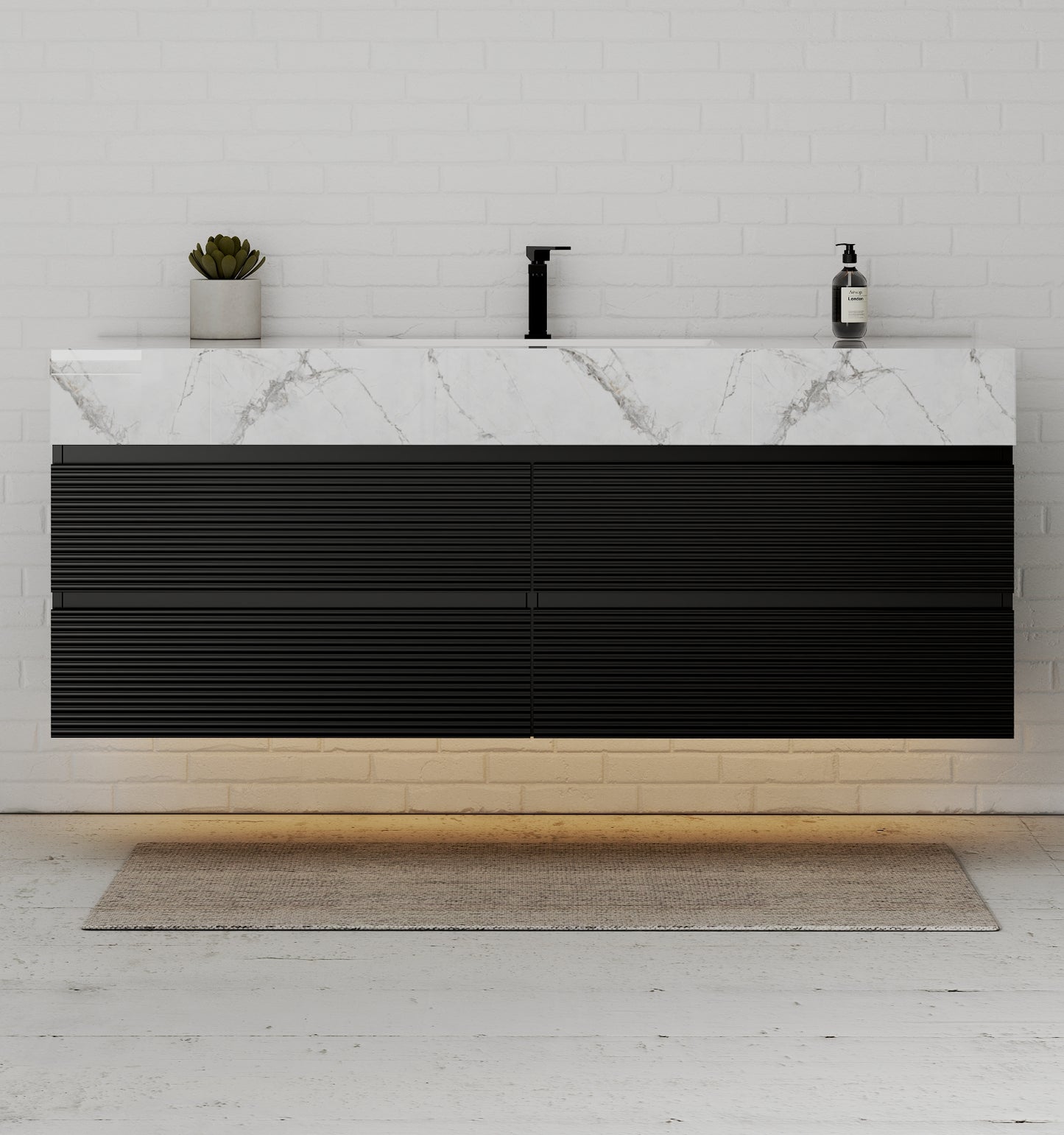 Black 60" Wall-Mounted Single Sink Bathroom Vanity with Fluted Drawers