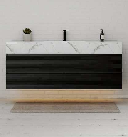 Black 60" Wall-Mounted Single Sink Bathroom Vanity with Fluted Drawers