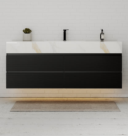 Black 60" Wall-Mounted Single Sink Bathroom Vanity with Fluted Drawers