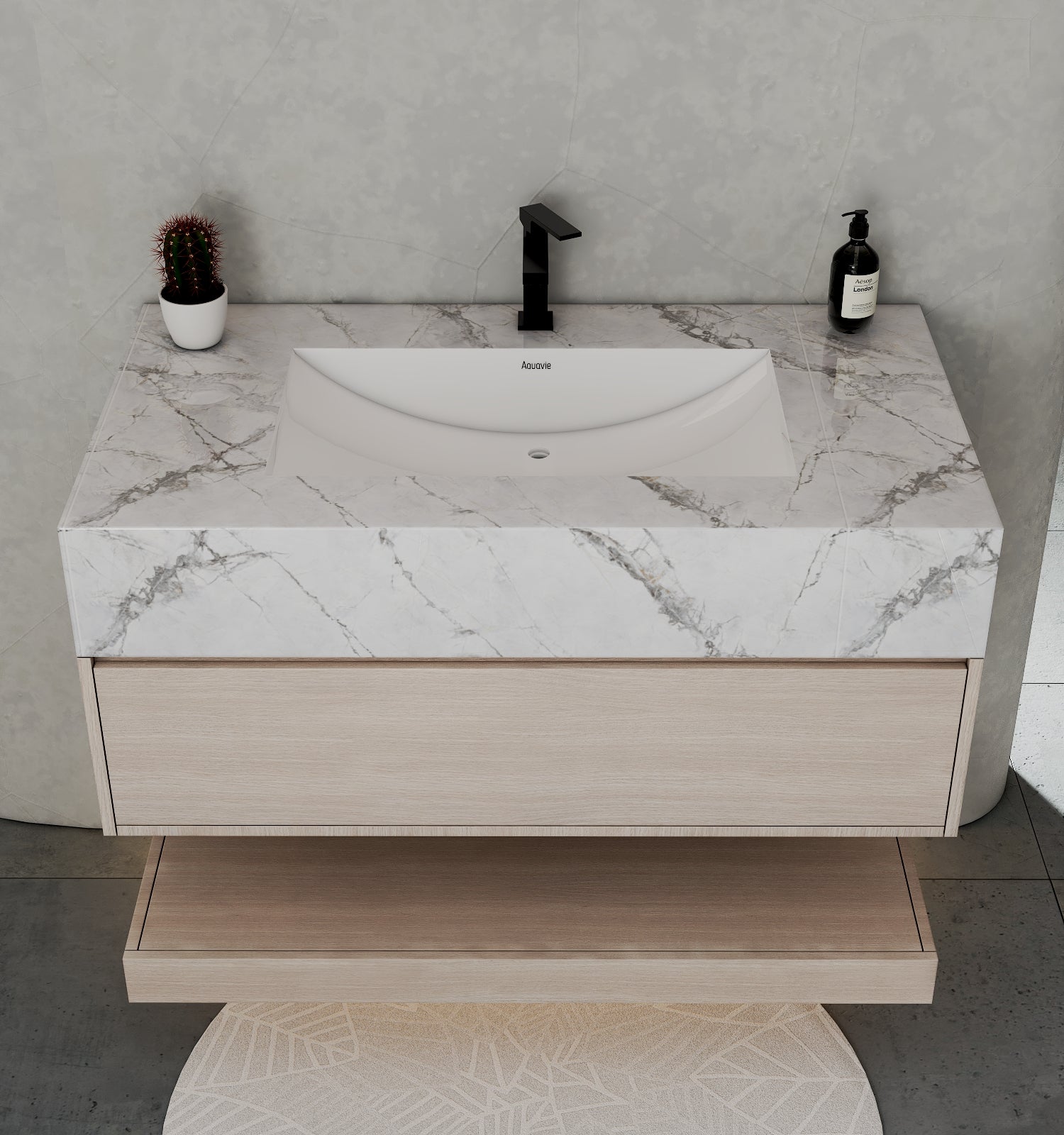 32", 36", 40" White Grey Oak Hotel-Style Floating Bathroom Vanity With Sintered Stone Top with