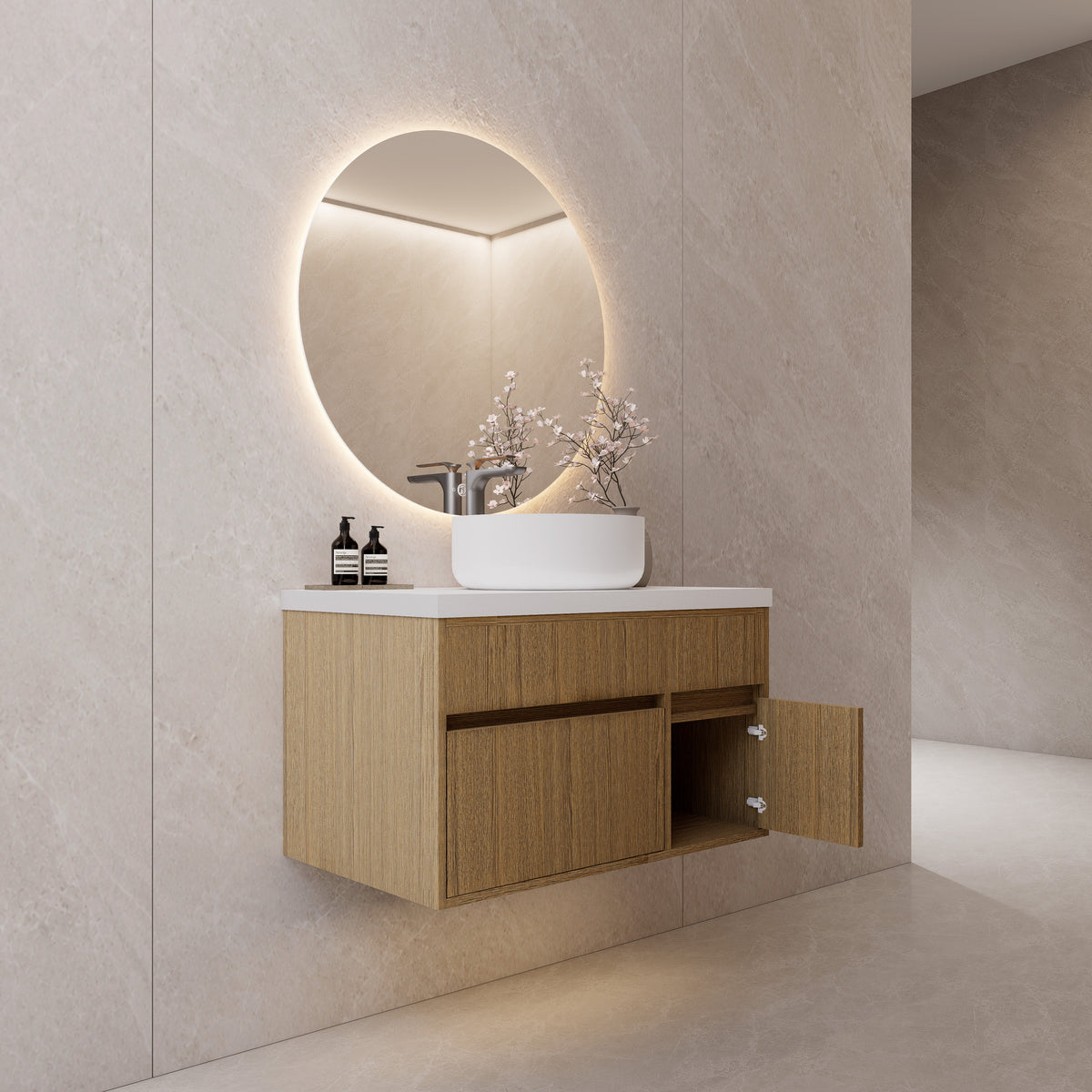 Floating Vessel Sink Vanity — Natural Oak Cabinet with Sintered Stone Top, Door & Drawer