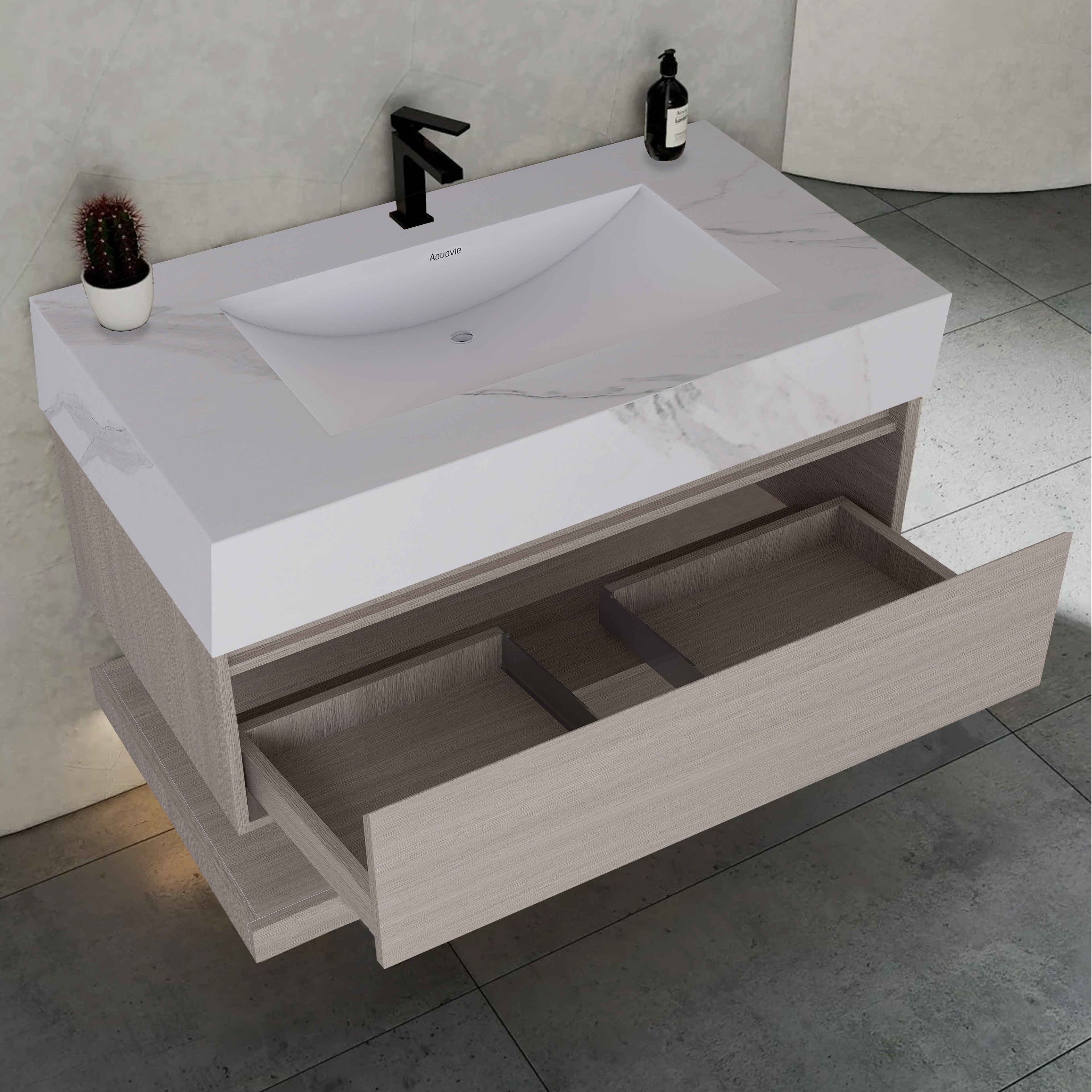 32", 36", 40" White Grey Oak Hotel-Style Floating Bathroom Vanity With Sintered Stone Top with