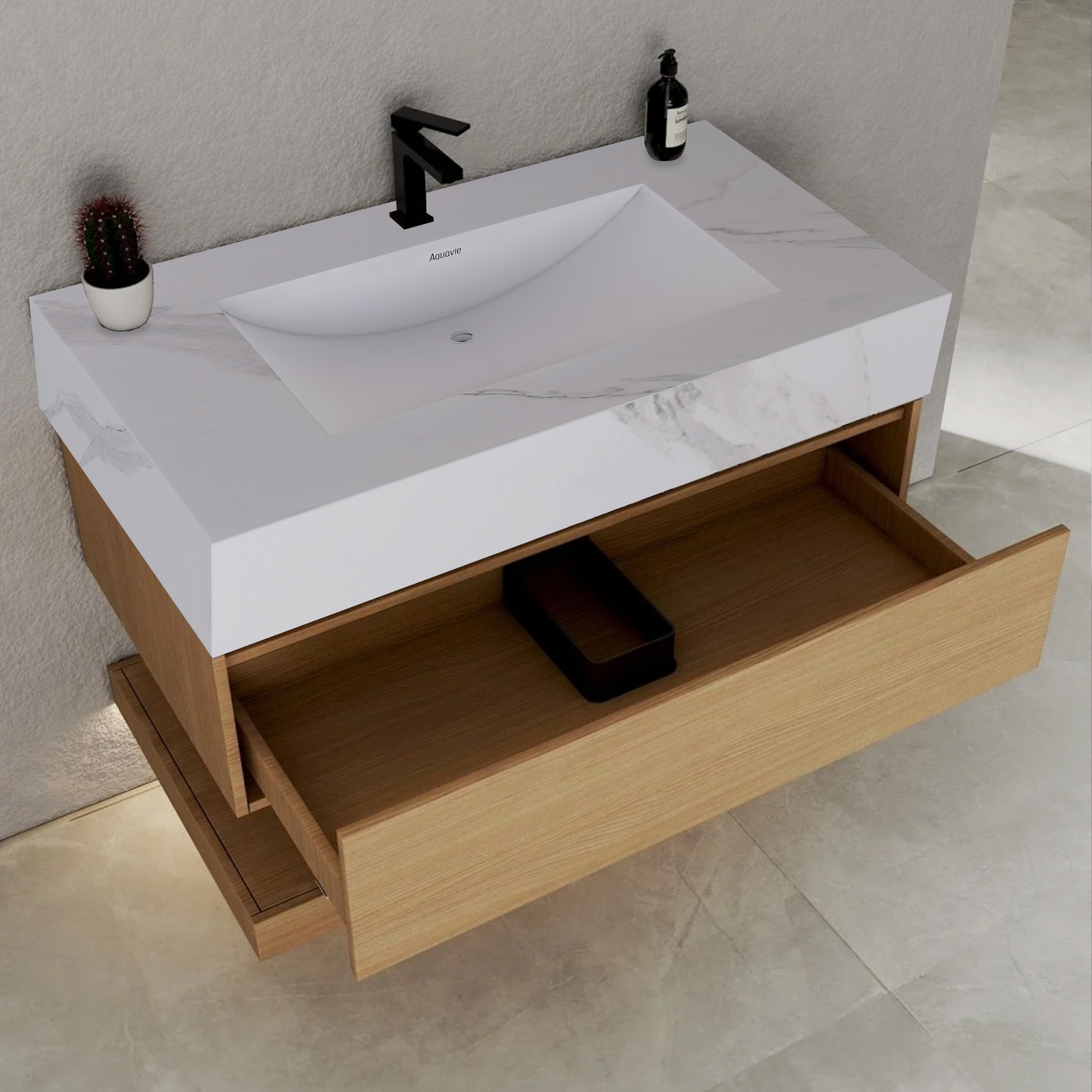 32", 36", 40" Nature Oak Hotel-Style Floating Bathroom Vanity With Sintered Stone Top