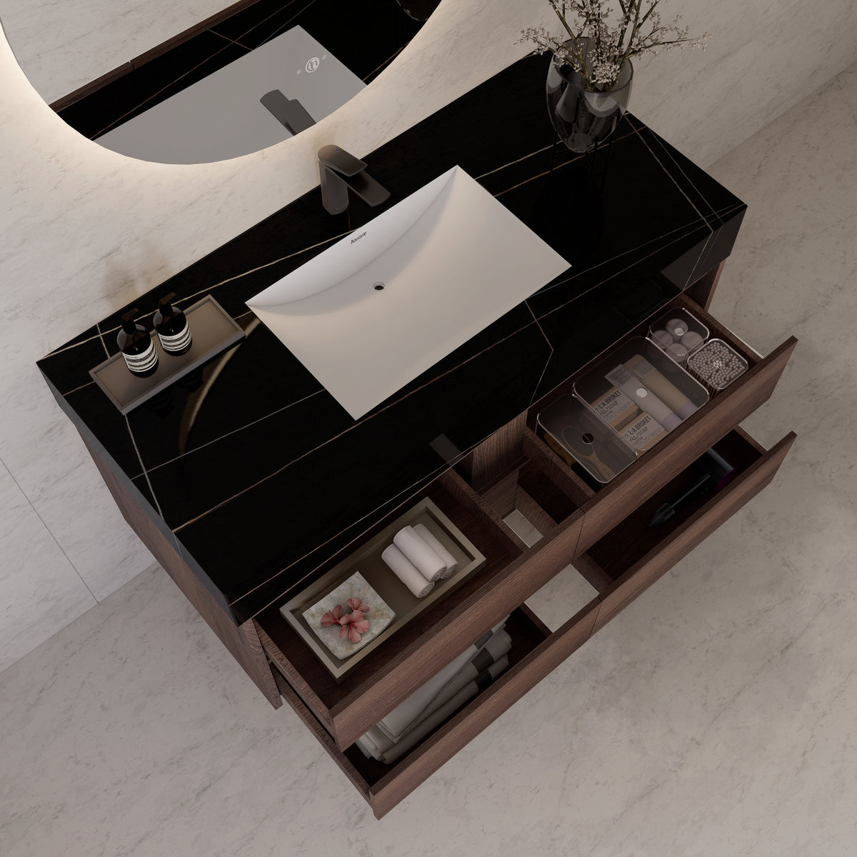 48"，60" Walnut Sintered Stone Top With Four Drawer Floating Bathroom Vanity