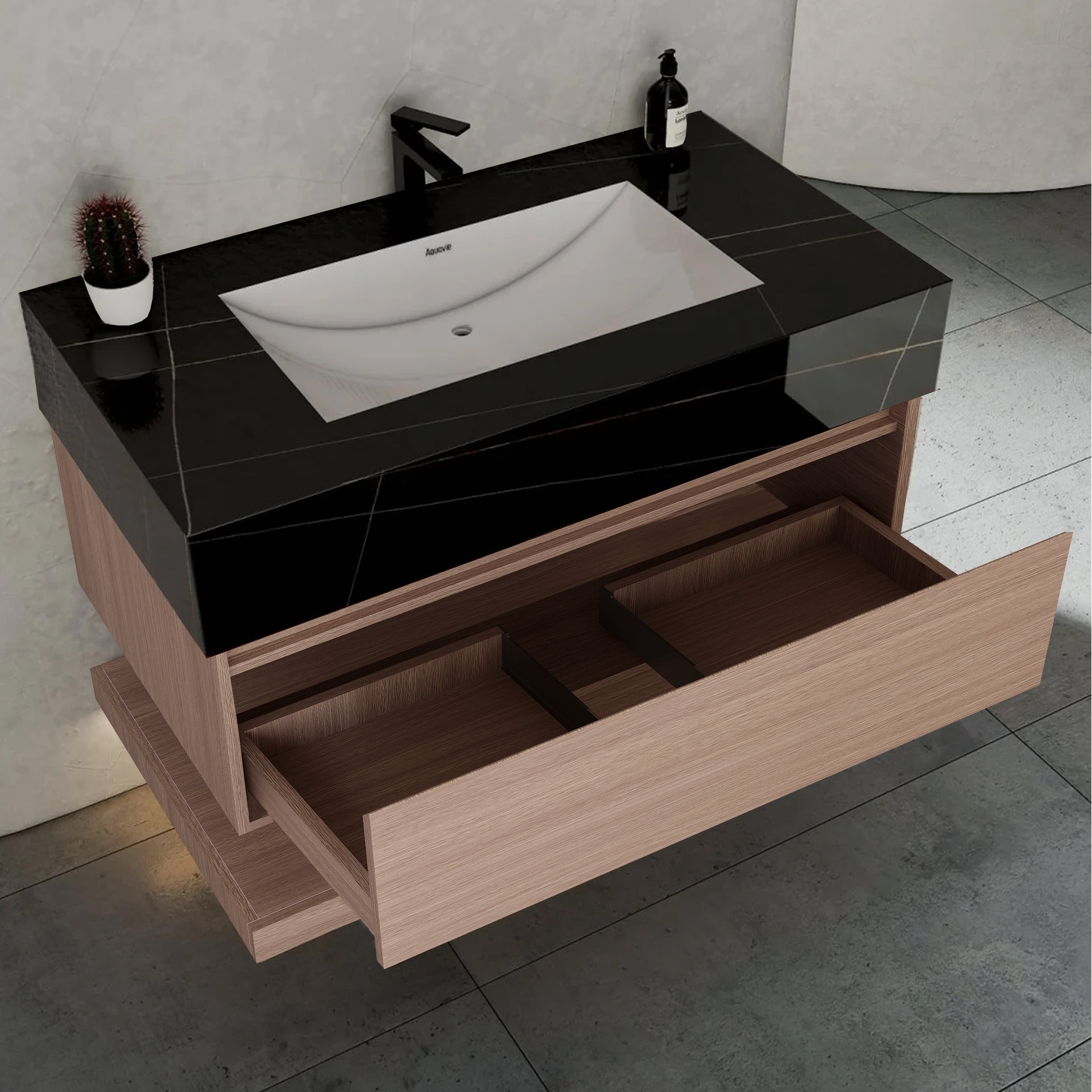 32", 36", 40" Smoked Oak Hotel-Style Floating Bathroom Vanity With Sintered Stone Top