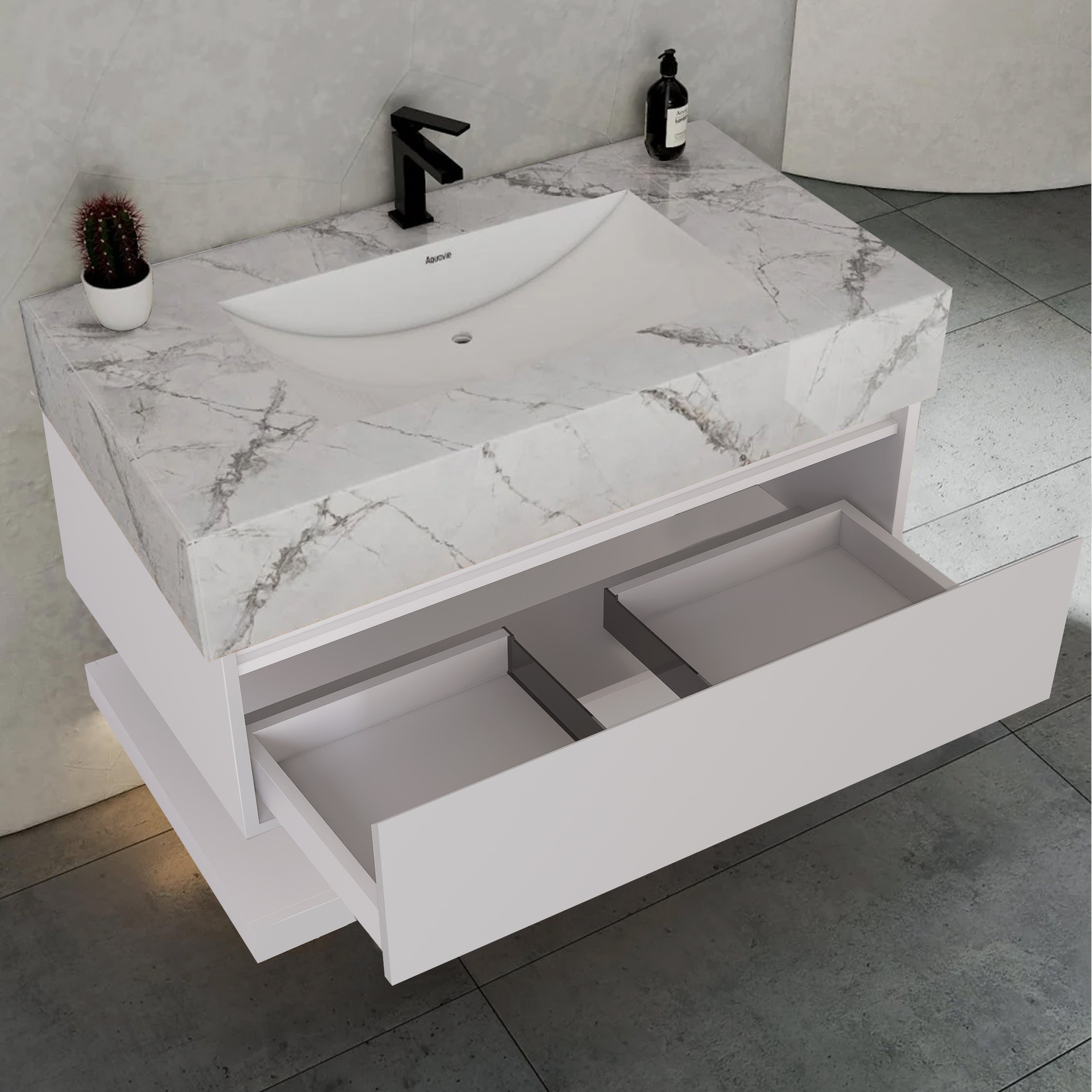 32" White Sintered Stone Top with Hotel-Style Floating Bathroom Vanity