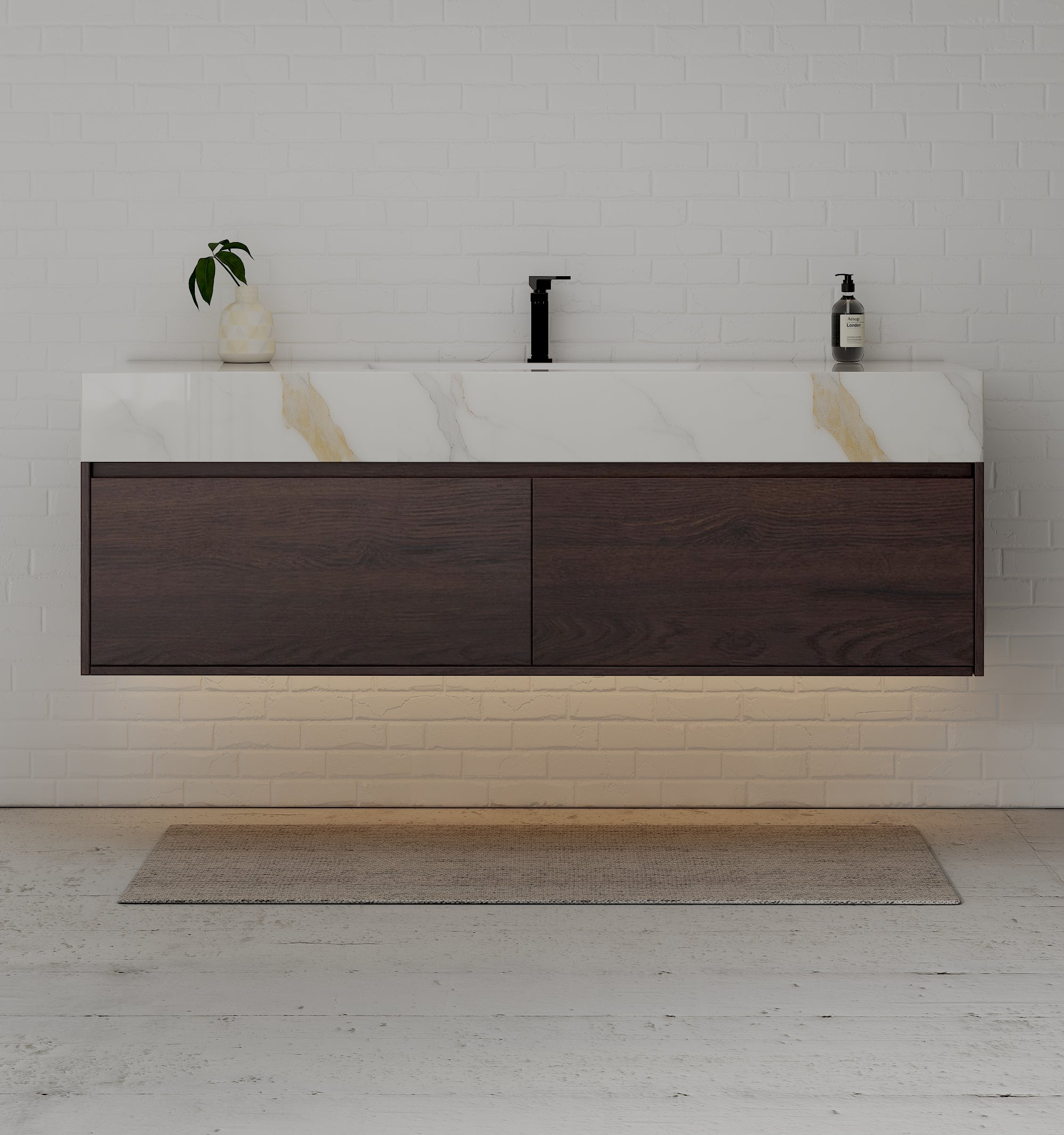 48", 60" Walnut Sintered Stone Top with Double Drawer Floating Bathroom Vanity