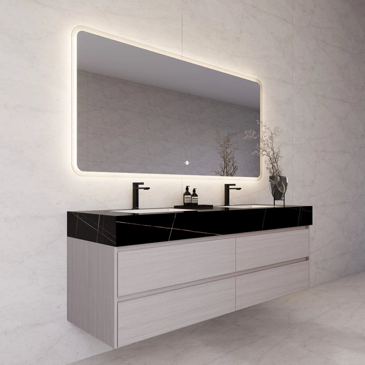 71"，60" Walnut Double Sink Sintered Stone Top with Elegant Floating Bathroom Vanity