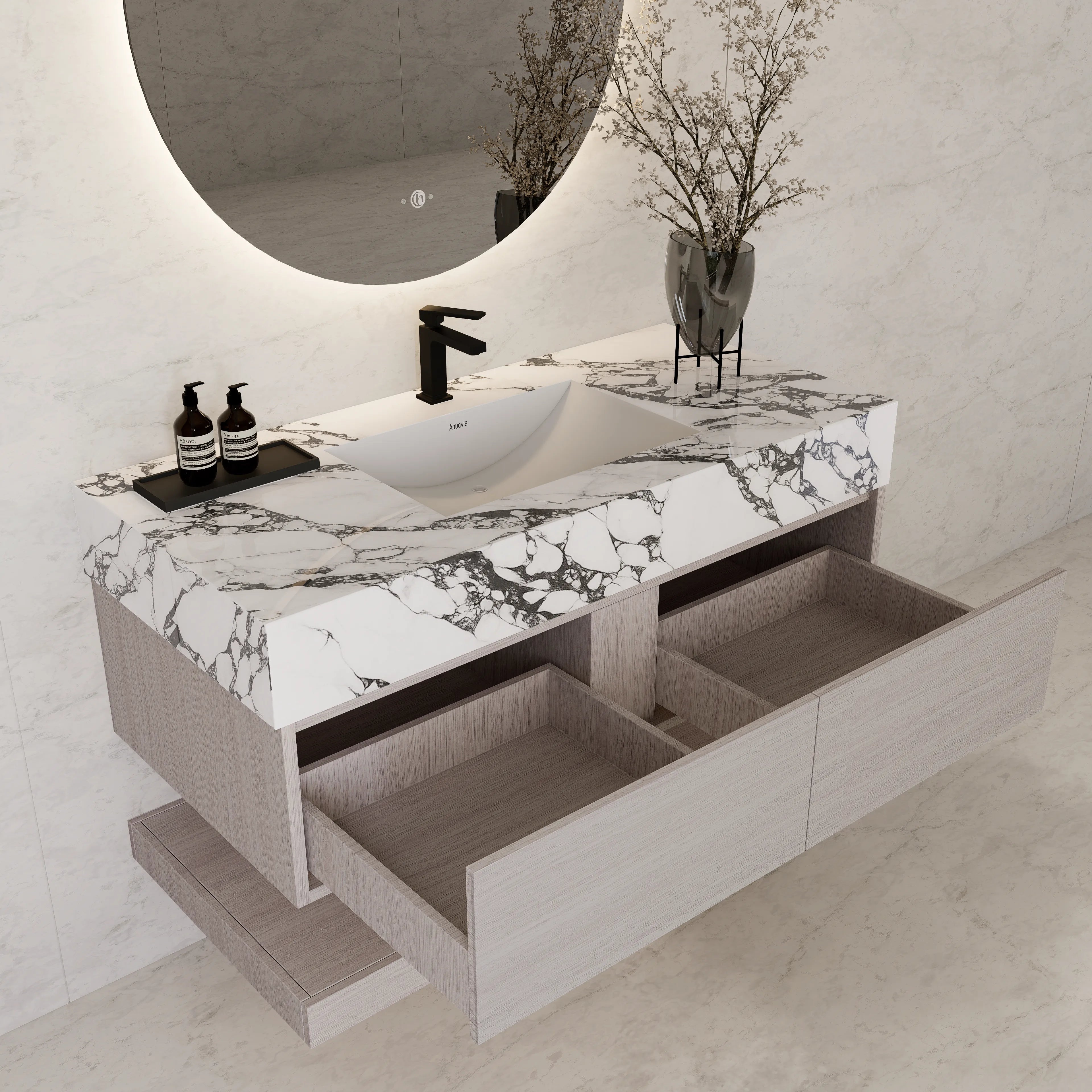 48"/ 60" White Grey Oak Open Shelf Floating Bathroom Vanity
