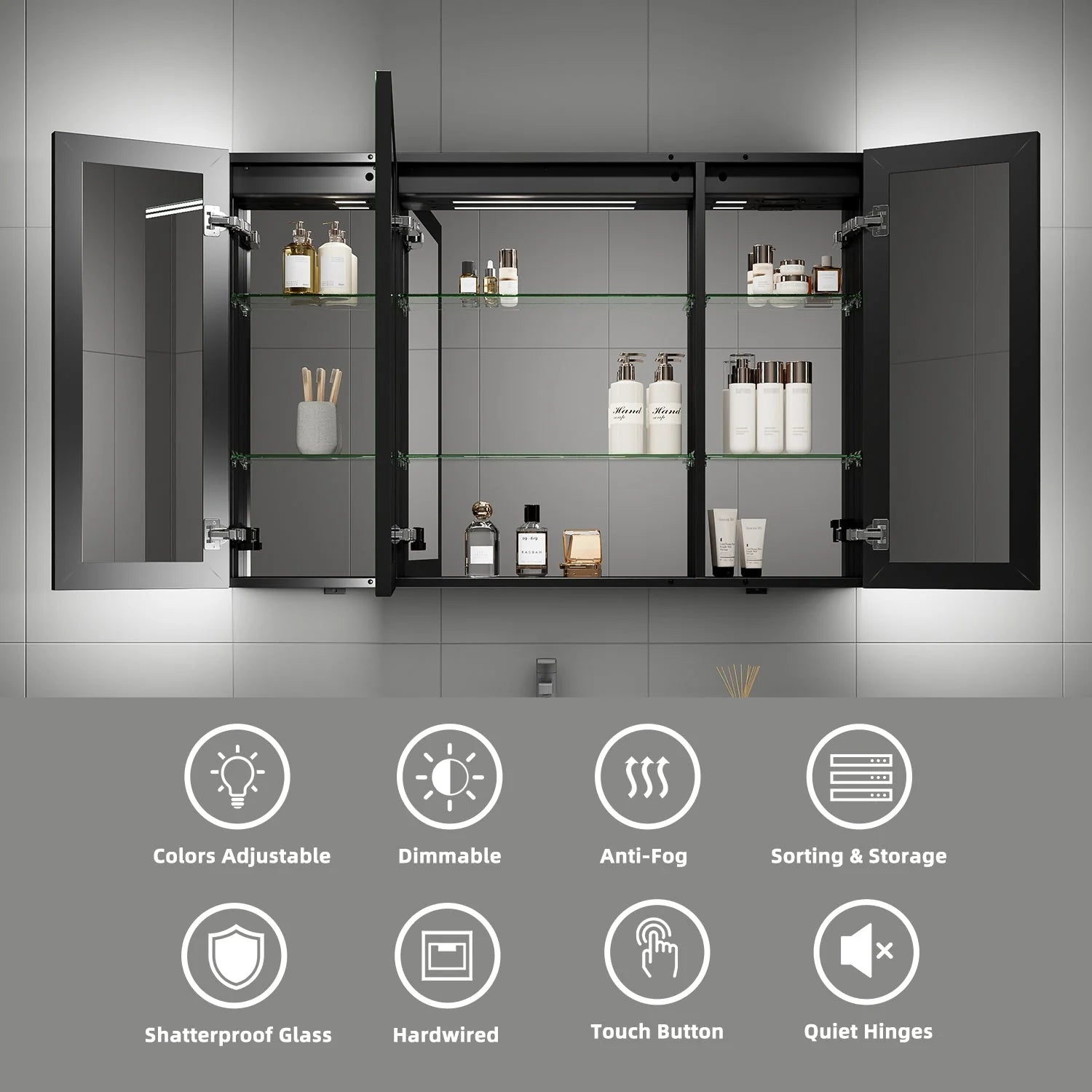 48'' LED Mirror Cabinet with Anti-Fog, Dimmable & Outlet – Blum Hinge，Surface Mount 48"x32"