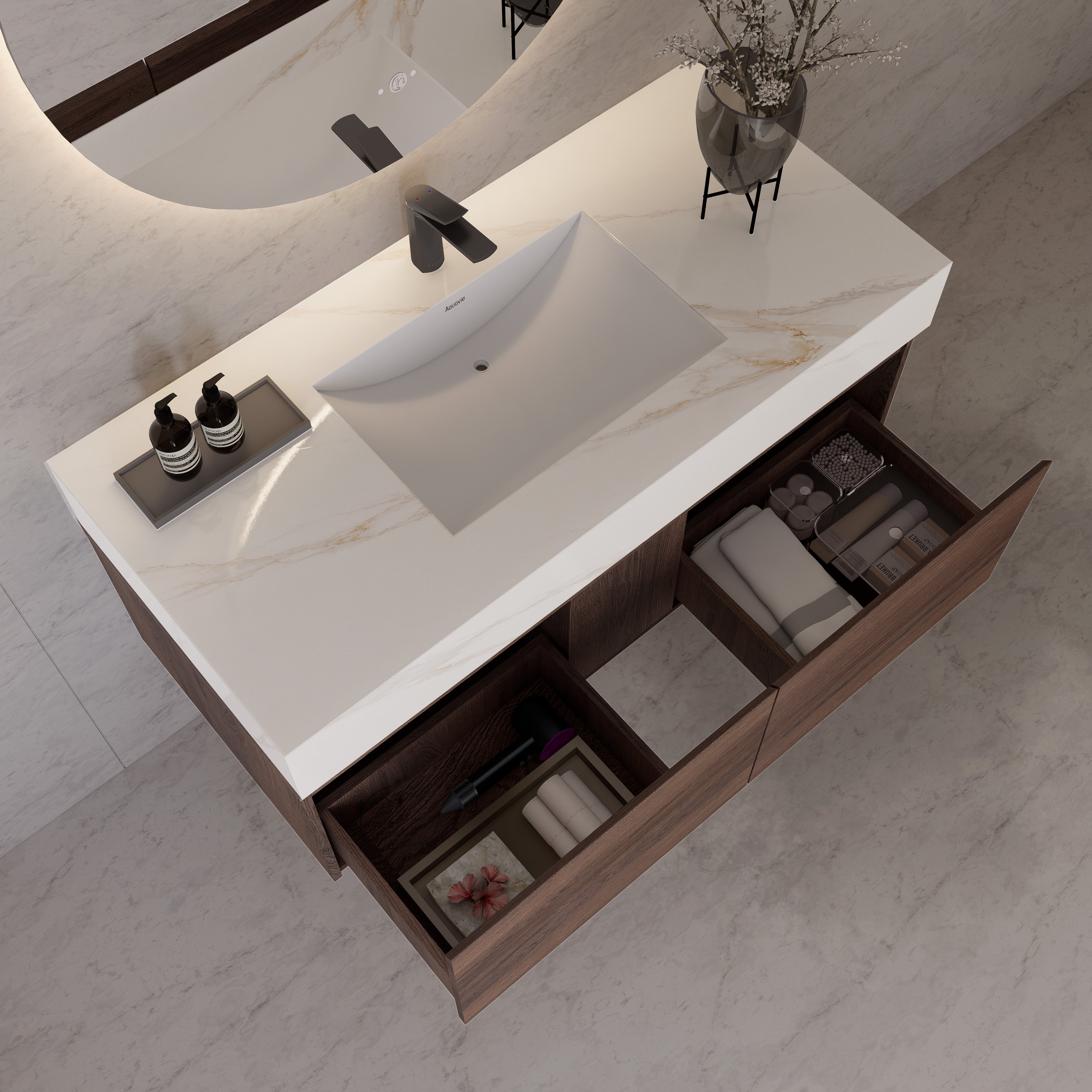 48", 60" Walnut Sintered Stone Top with Double Drawer Floating Bathroom Vanity