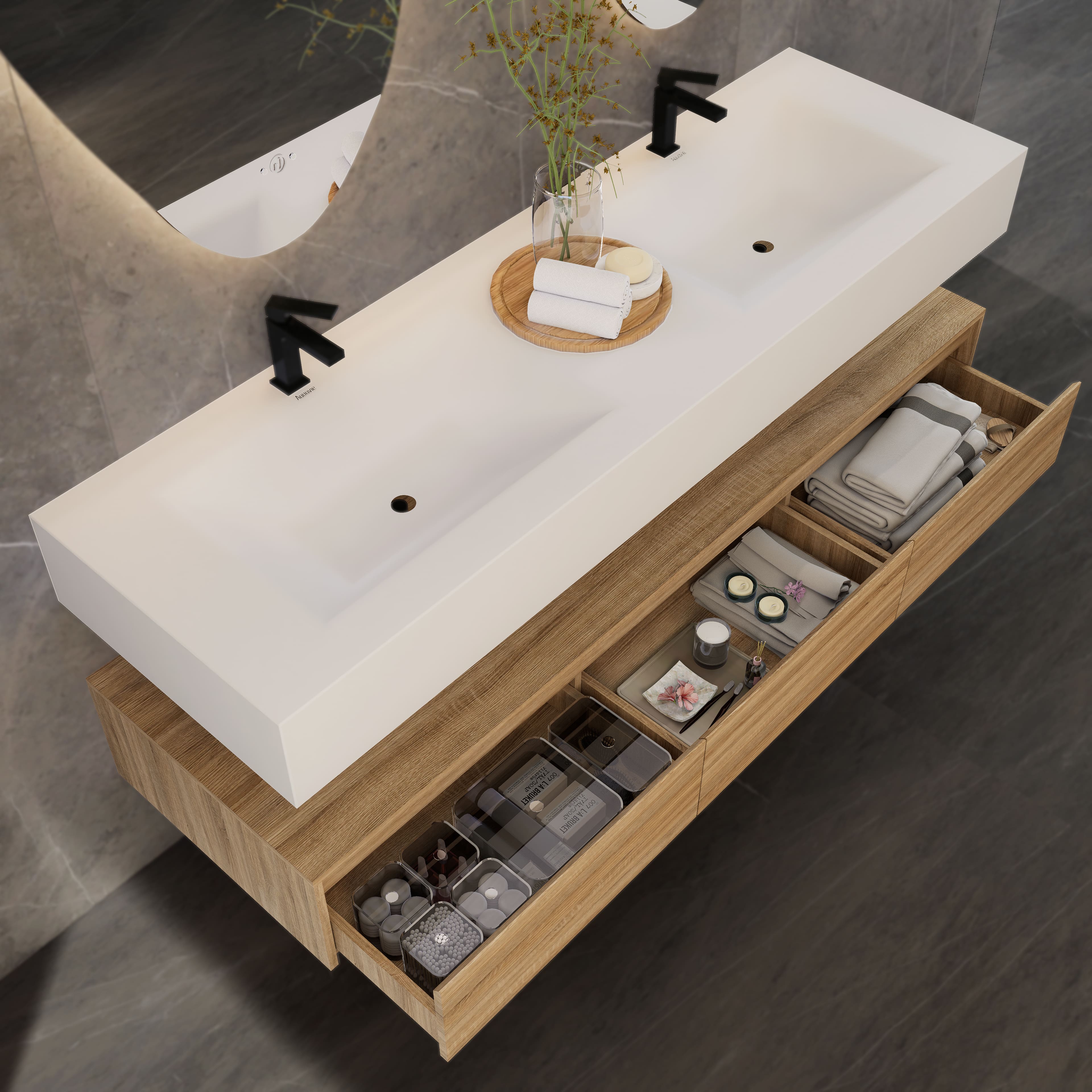 71" Wall Mount Bathroom Vanity - Stone Integrated Basin & Plywood Cabinet