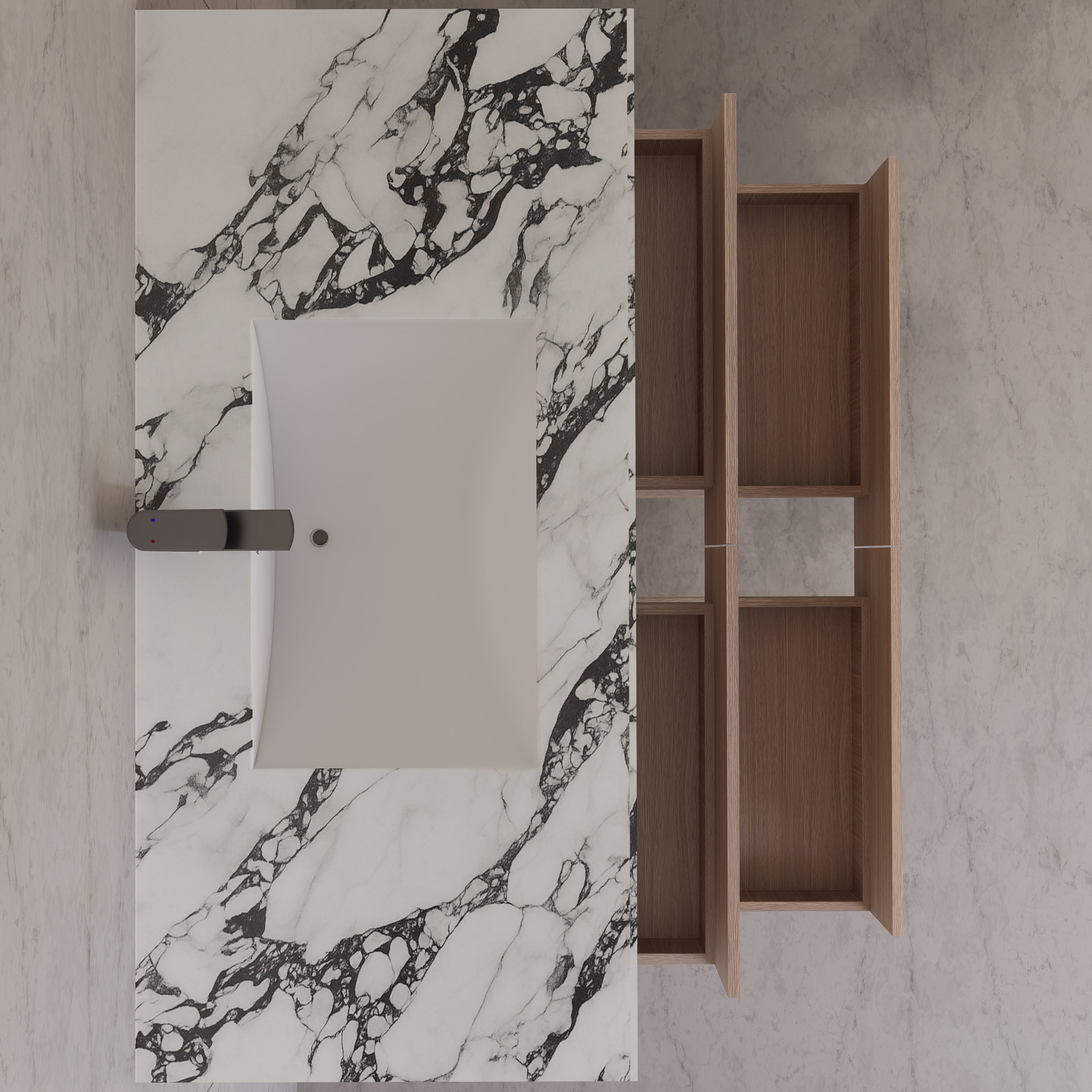 48"，60" Smoked Oak Sintered Stone Top With Four Drawer Floating Bathroom Vanity