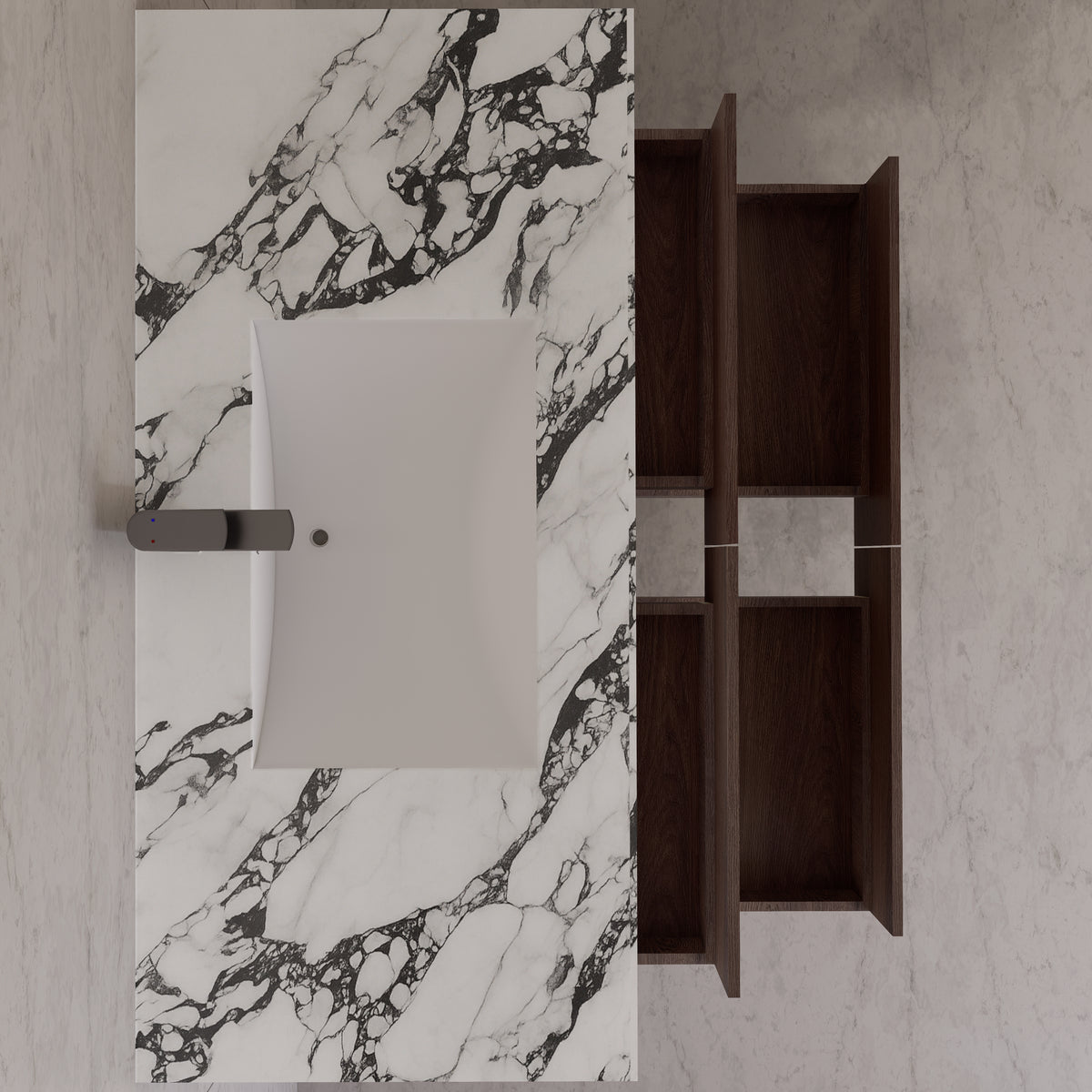48"，60" Walnut Sintered Stone Top With Four Drawer Floating Bathroom Vanity