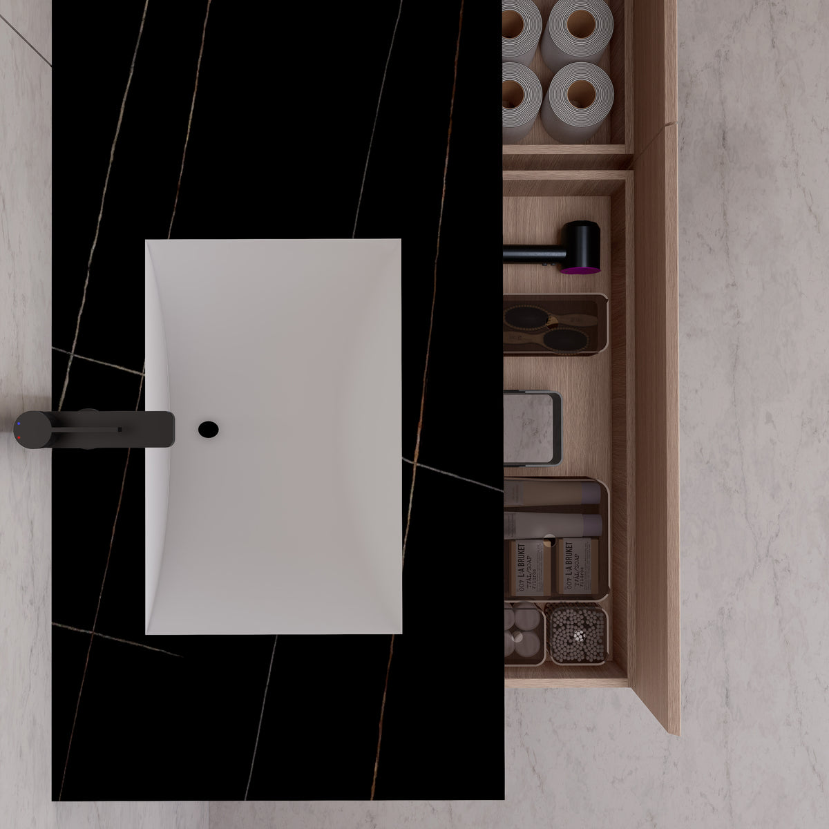 Meuble-lavabo suspendu double de 60 po / 71 po en chêne fumé avec dessus en pierre