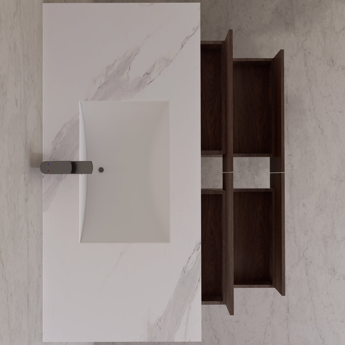 48"，60" Walnut Sintered Stone Top With Four Drawer Floating Bathroom Vanity