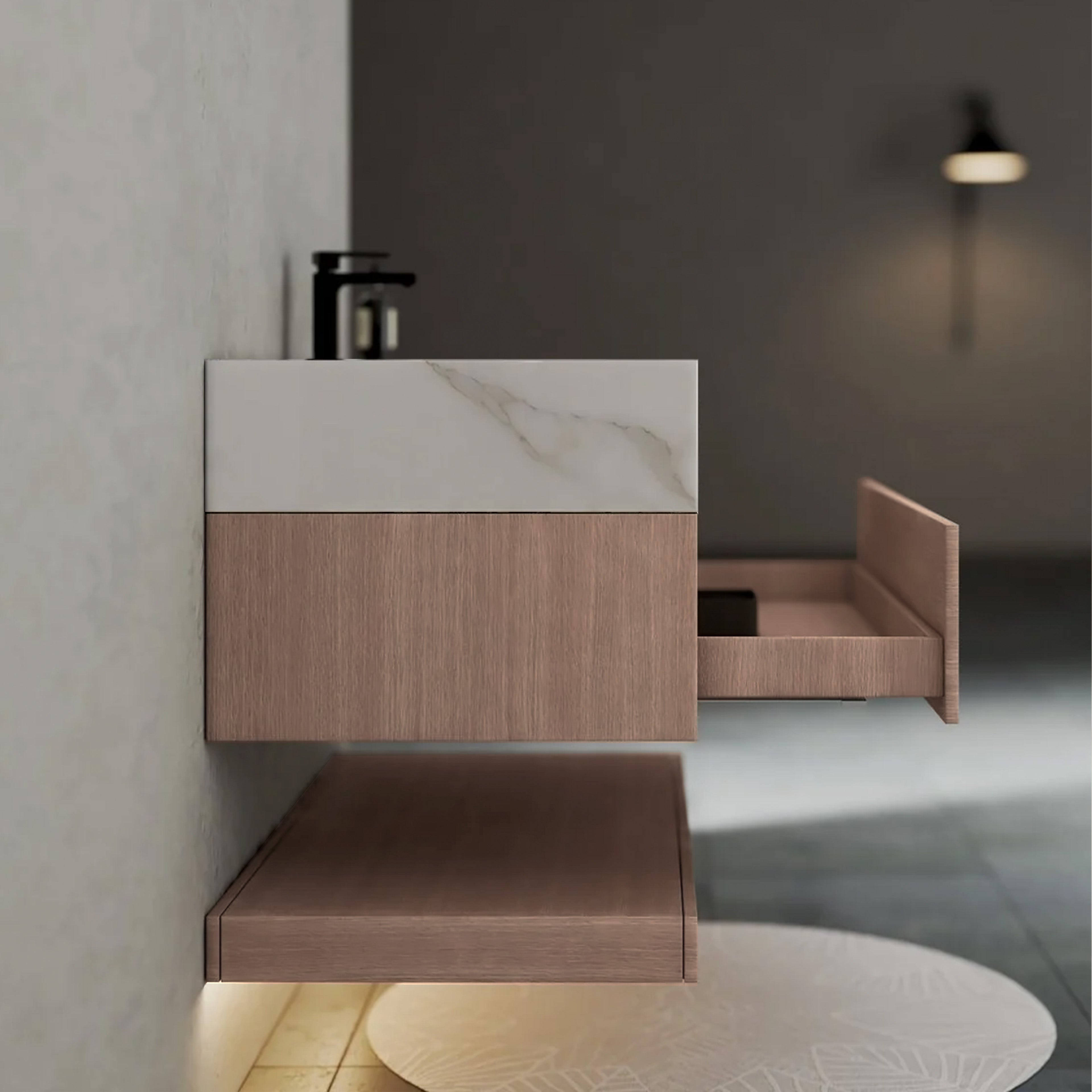32", 36", 40" Smoked Oak Hotel-Style Floating Bathroom Vanity With Sintered Stone Top
