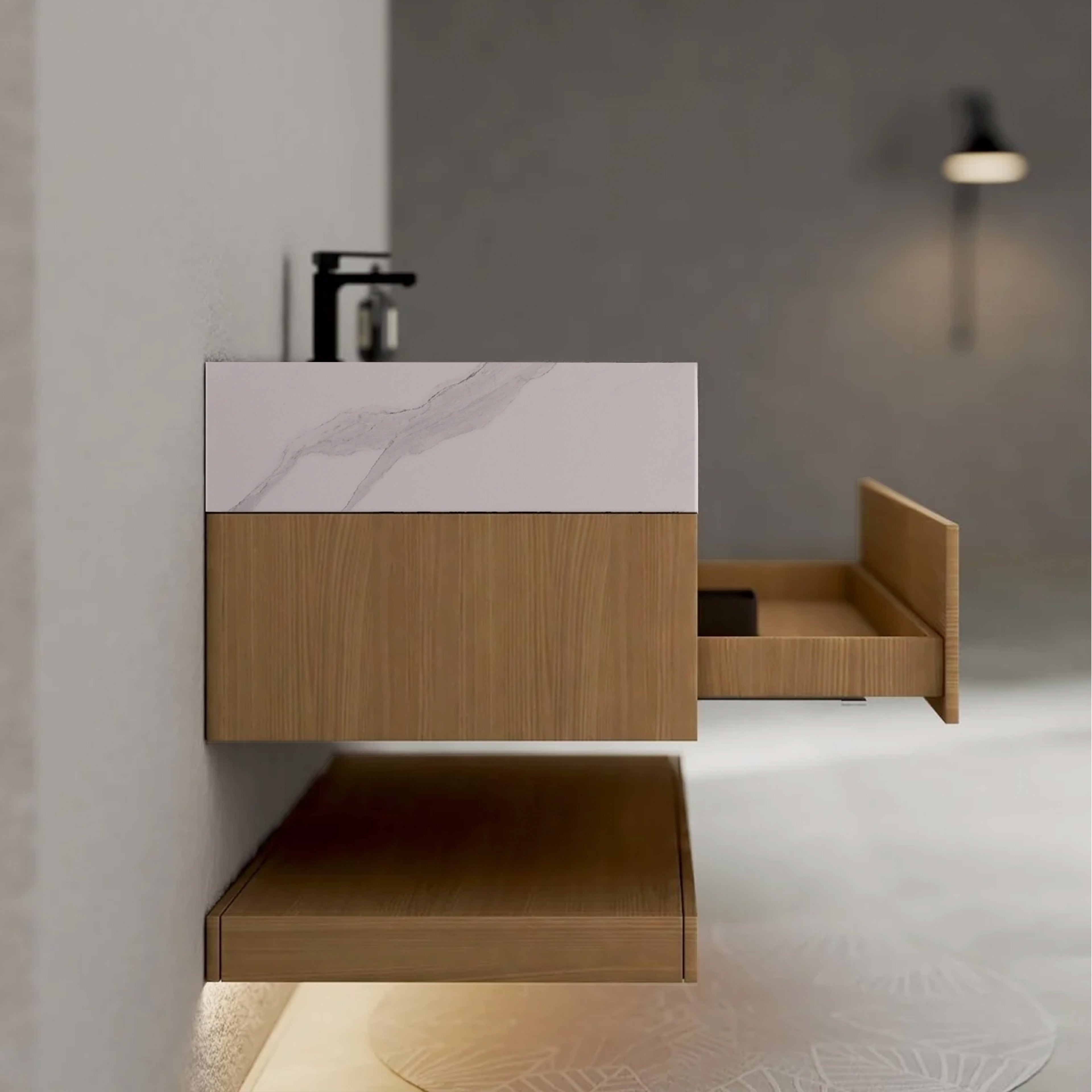 32", 36", 40" Nature Oak Hotel-Style Floating Bathroom Vanity With Sintered Stone Top