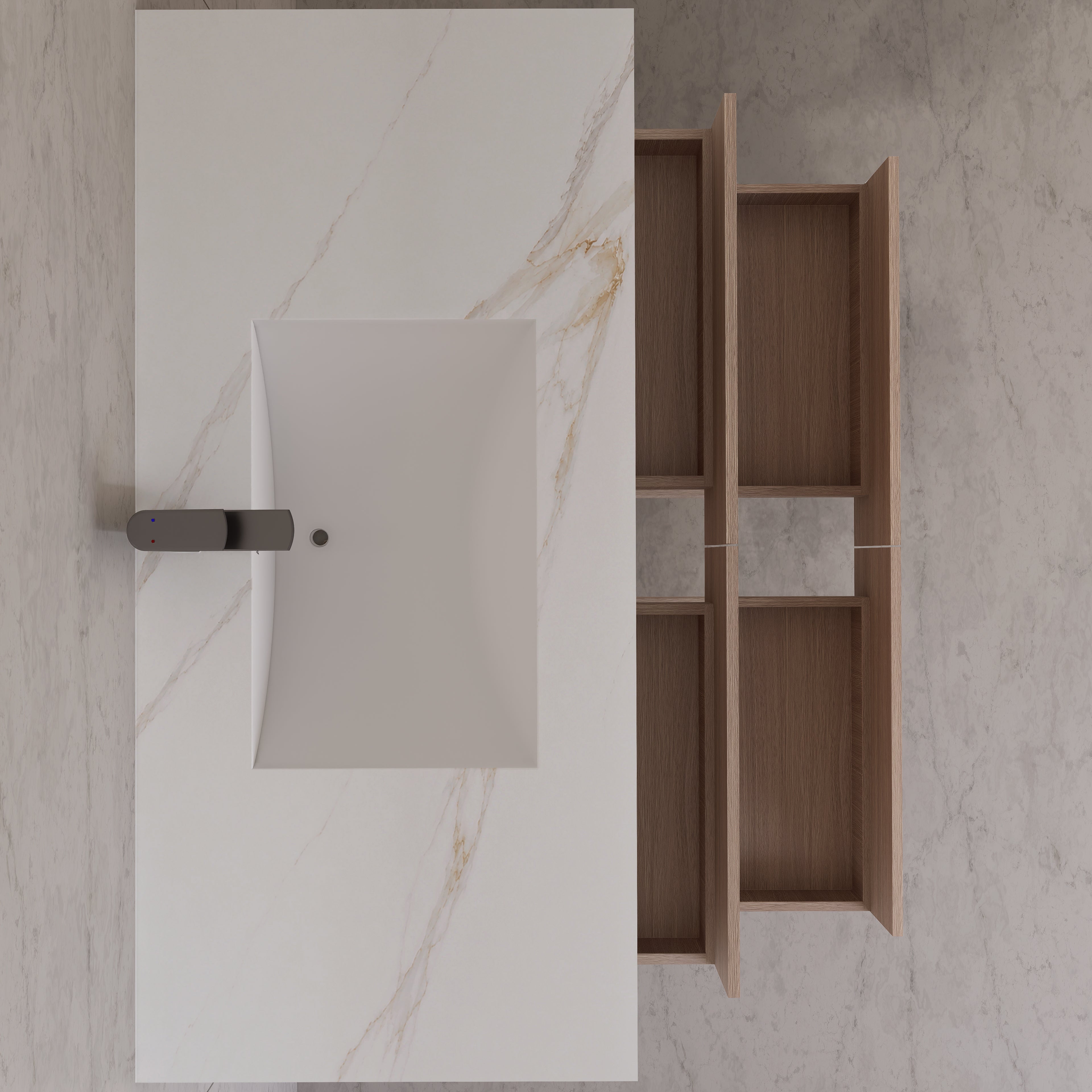 48"，60" Smoked Oak Sintered Stone Top With Four Drawer Floating Bathroom Vanity