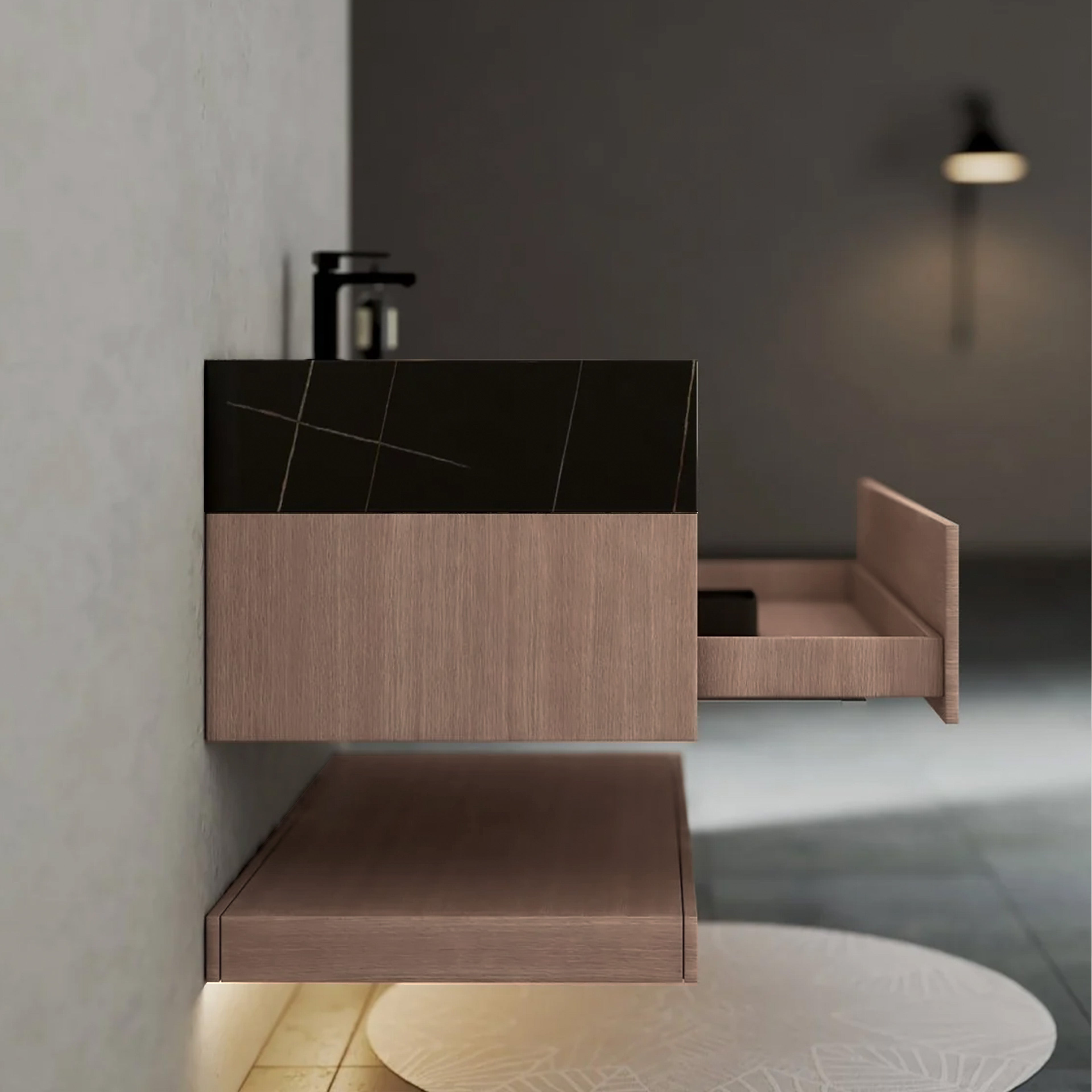 32", 36", 40" Smoked Oak Hotel-Style Floating Bathroom Vanity With Sintered Stone Top