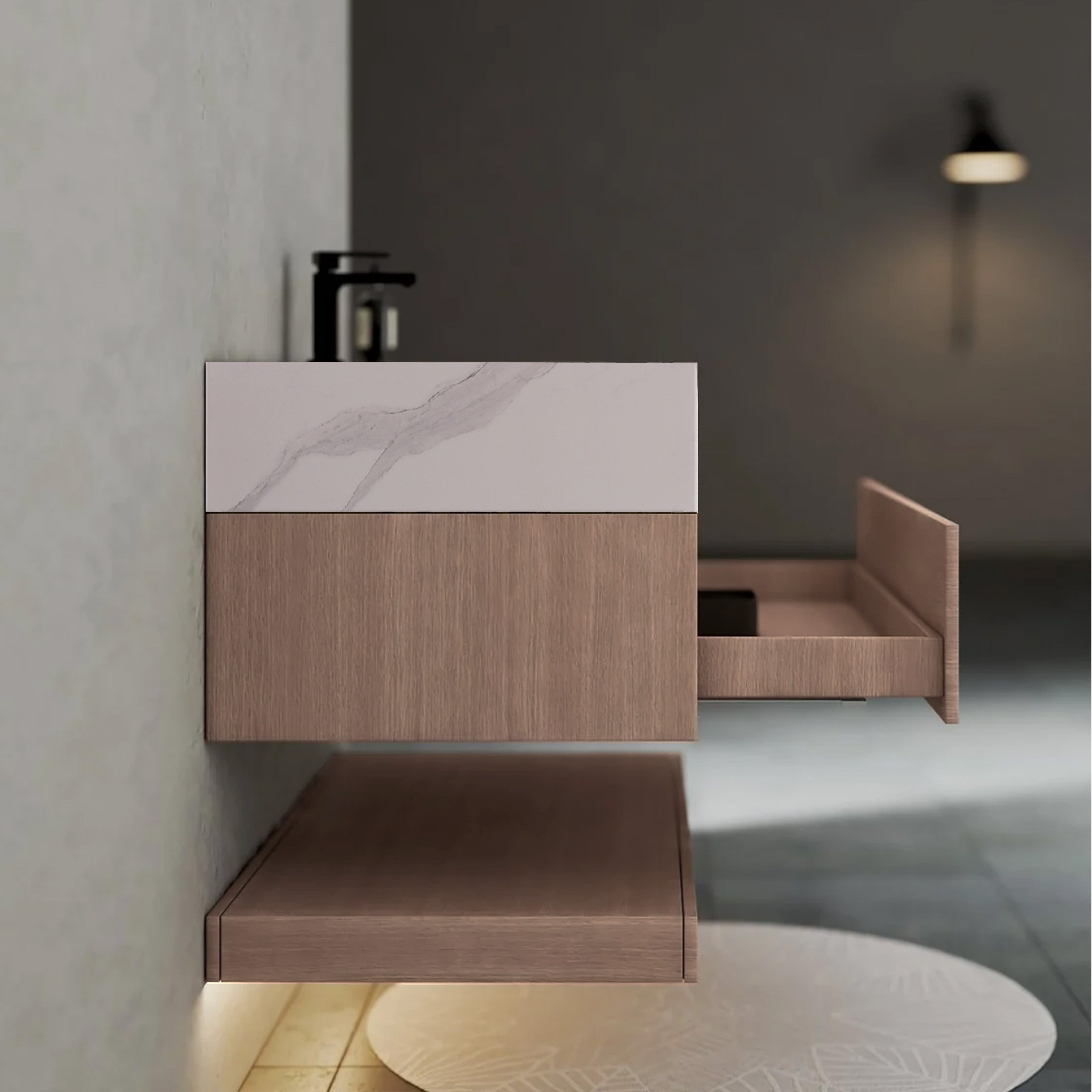 32", 36", 40" Smoked Oak Hotel-Style Floating Bathroom Vanity With Sintered Stone Top