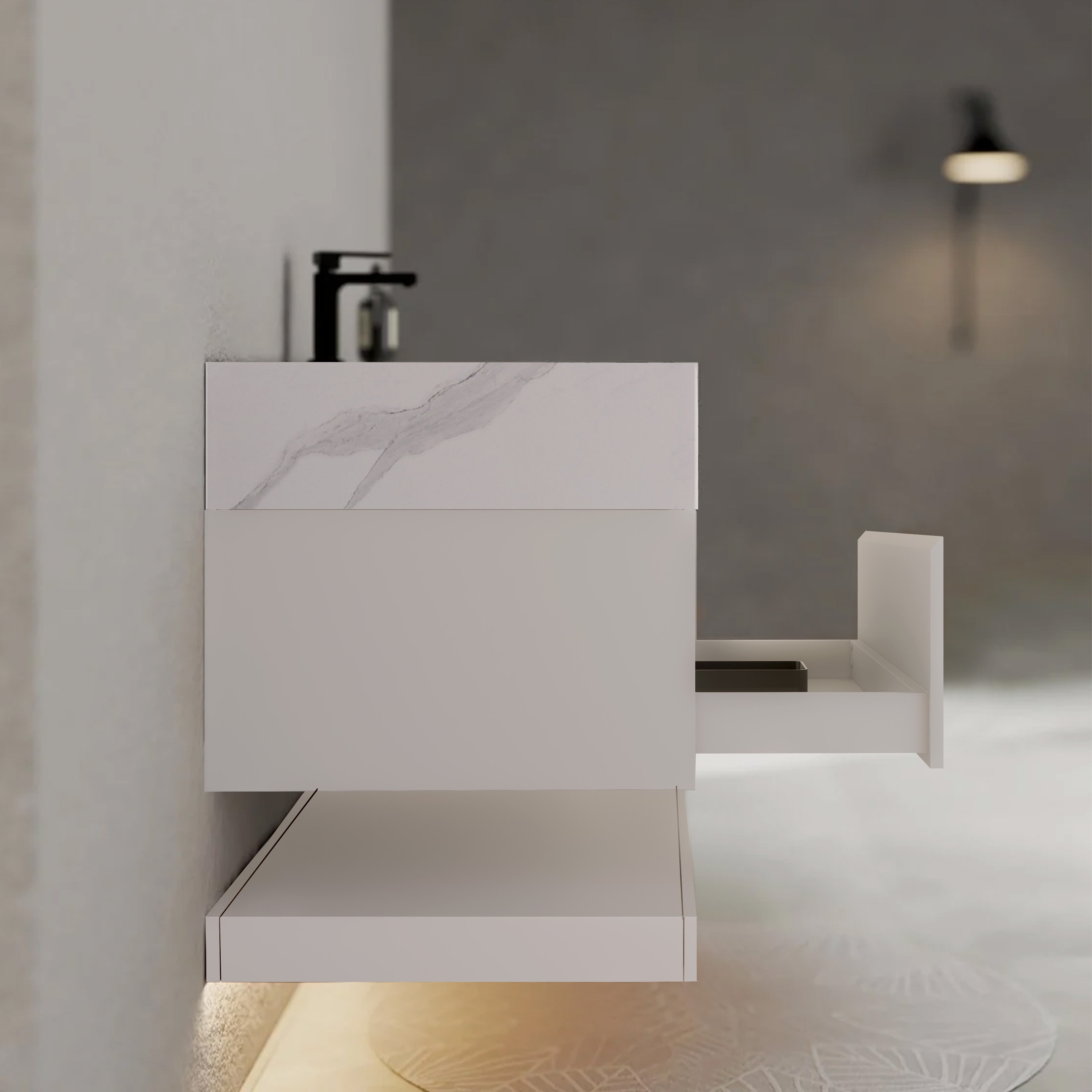 32" White Sintered Stone Top with Hotel-Style Floating Bathroom Vanity