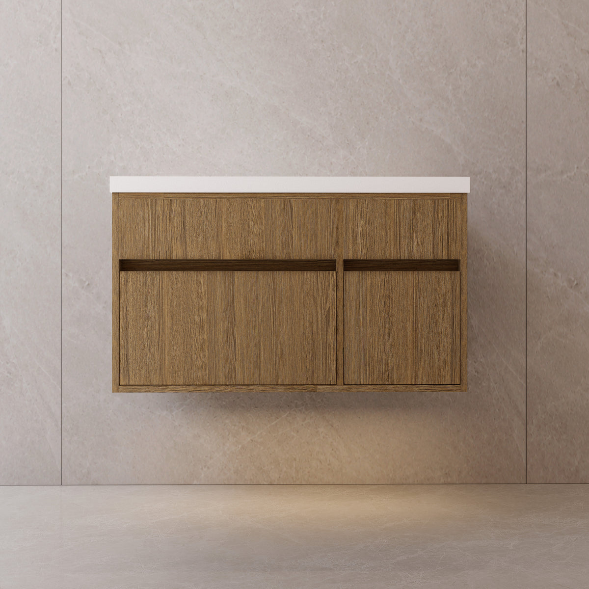 Floating Vessel Sink Vanity — Natural Oak Cabinet with Sintered Stone Top, Door & Drawer