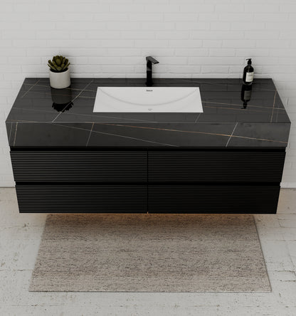 Black 60" Wall-Mounted Single Sink Bathroom Vanity with Fluted Drawers
